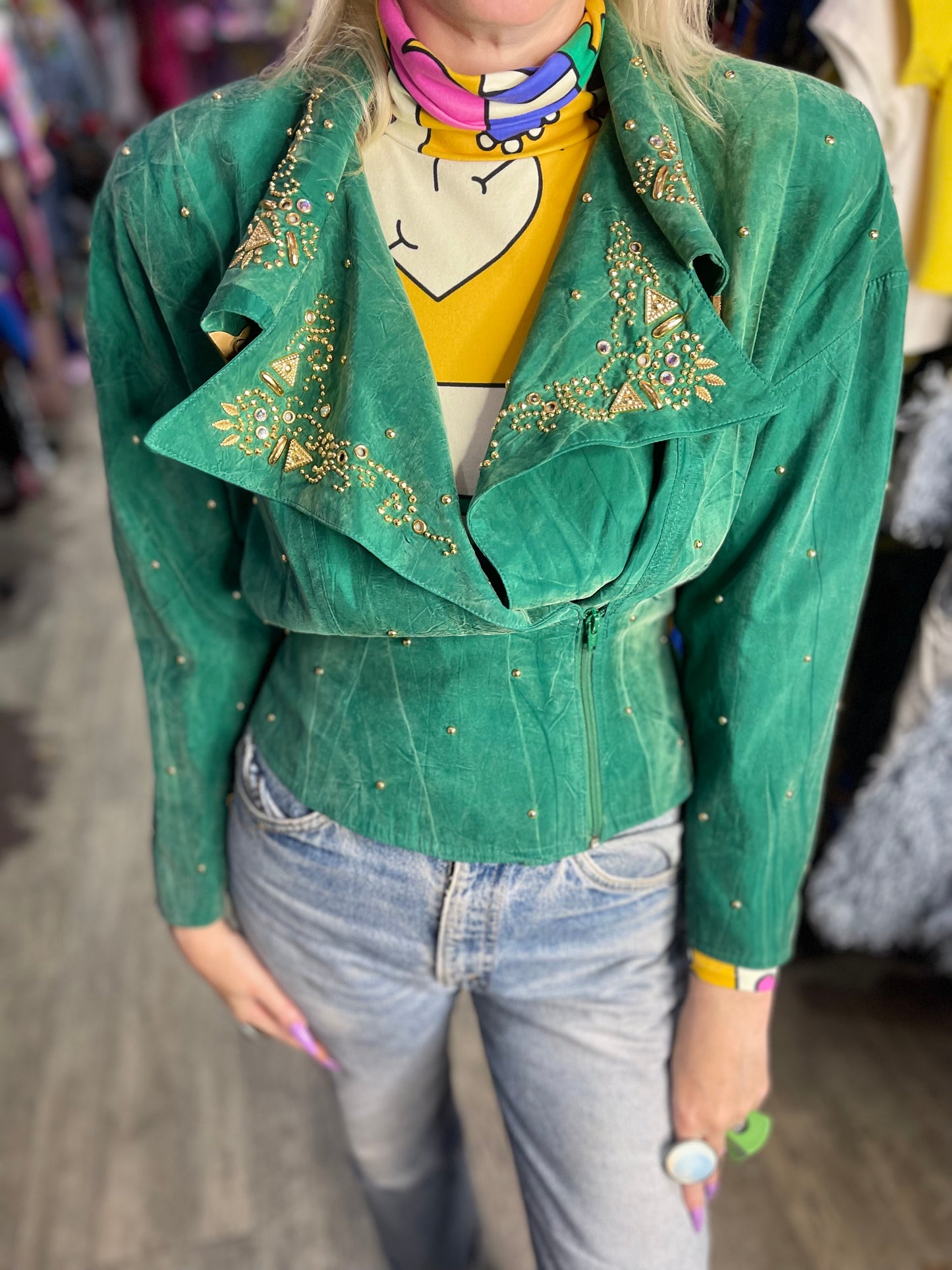 Vintage 90s Jewel Green Bedazzled Studded Moto Jacket