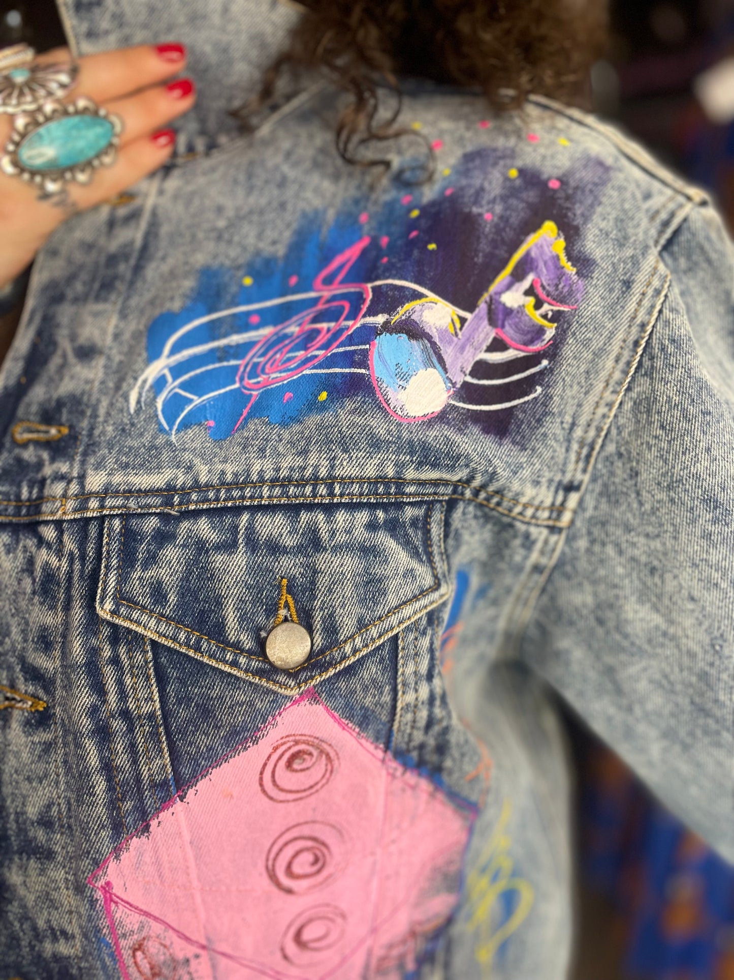 Vintage 80s Hand Painted Classic Car Chevy Jean Jacket
