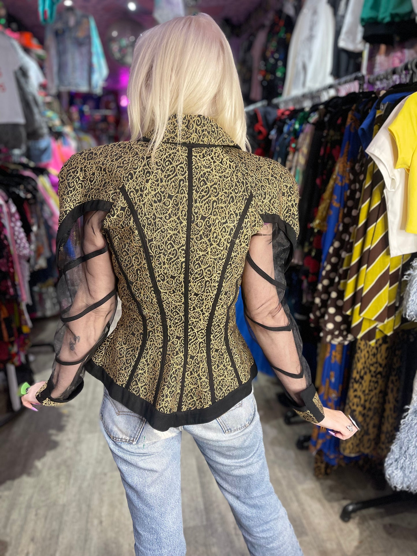 Vintage 90s Gold and Black Status Print Peplum Jacket