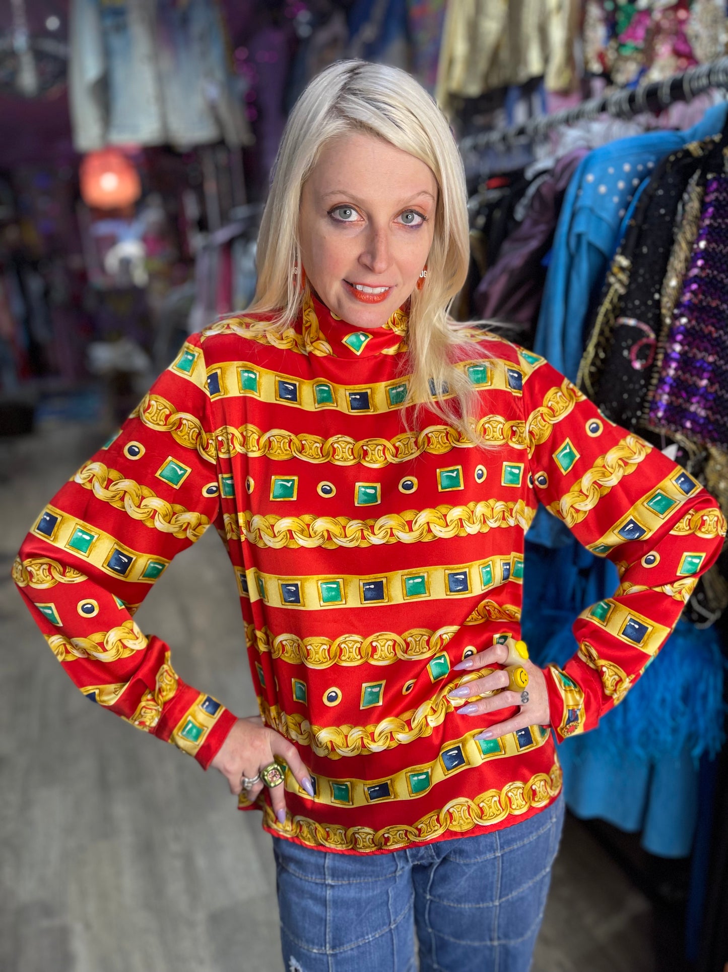 Vintage 90s Gold Jewlery Print Silk Blouse