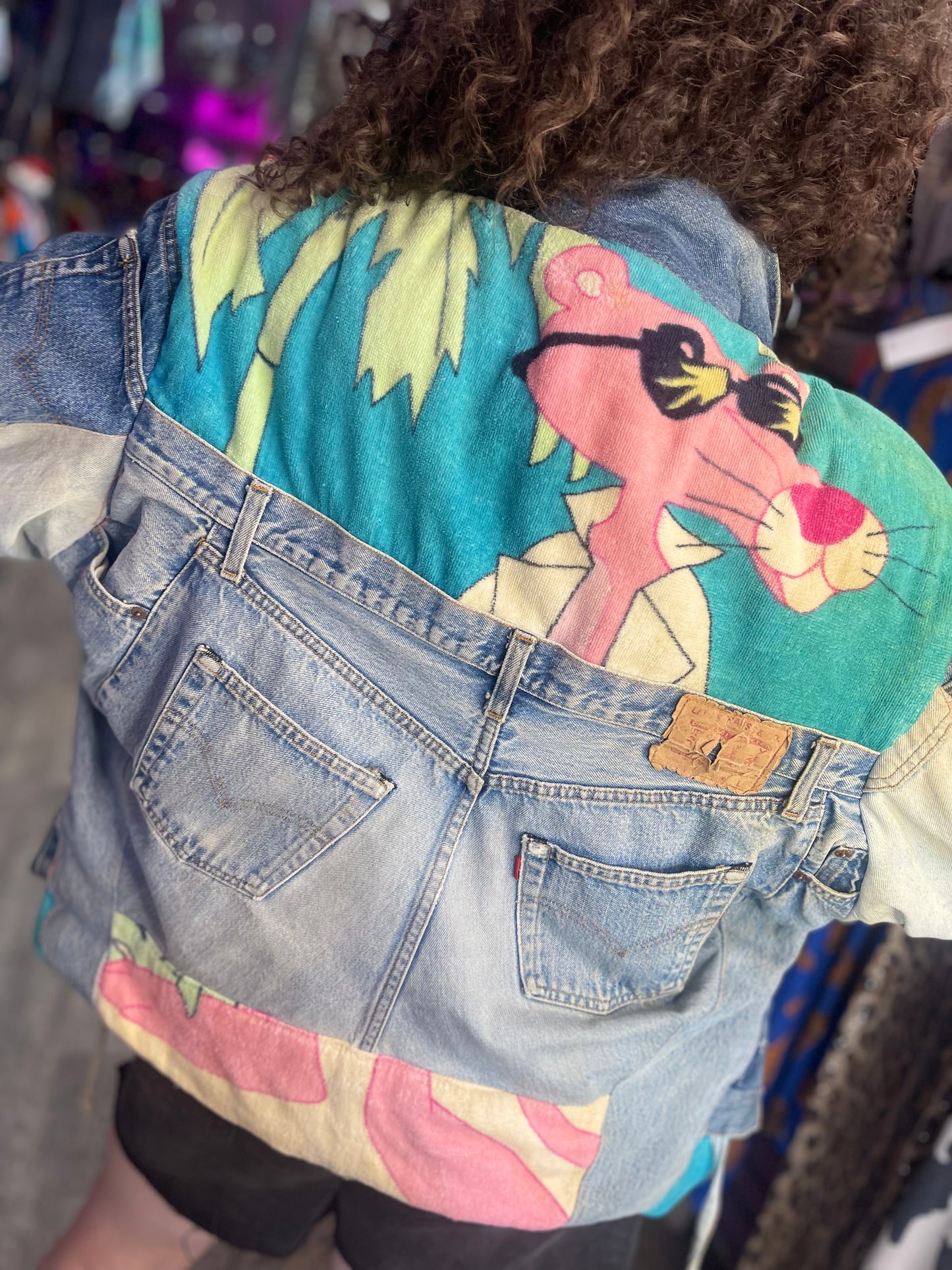 Vintage 80s Patchwork Pink Panther Jean Jacket