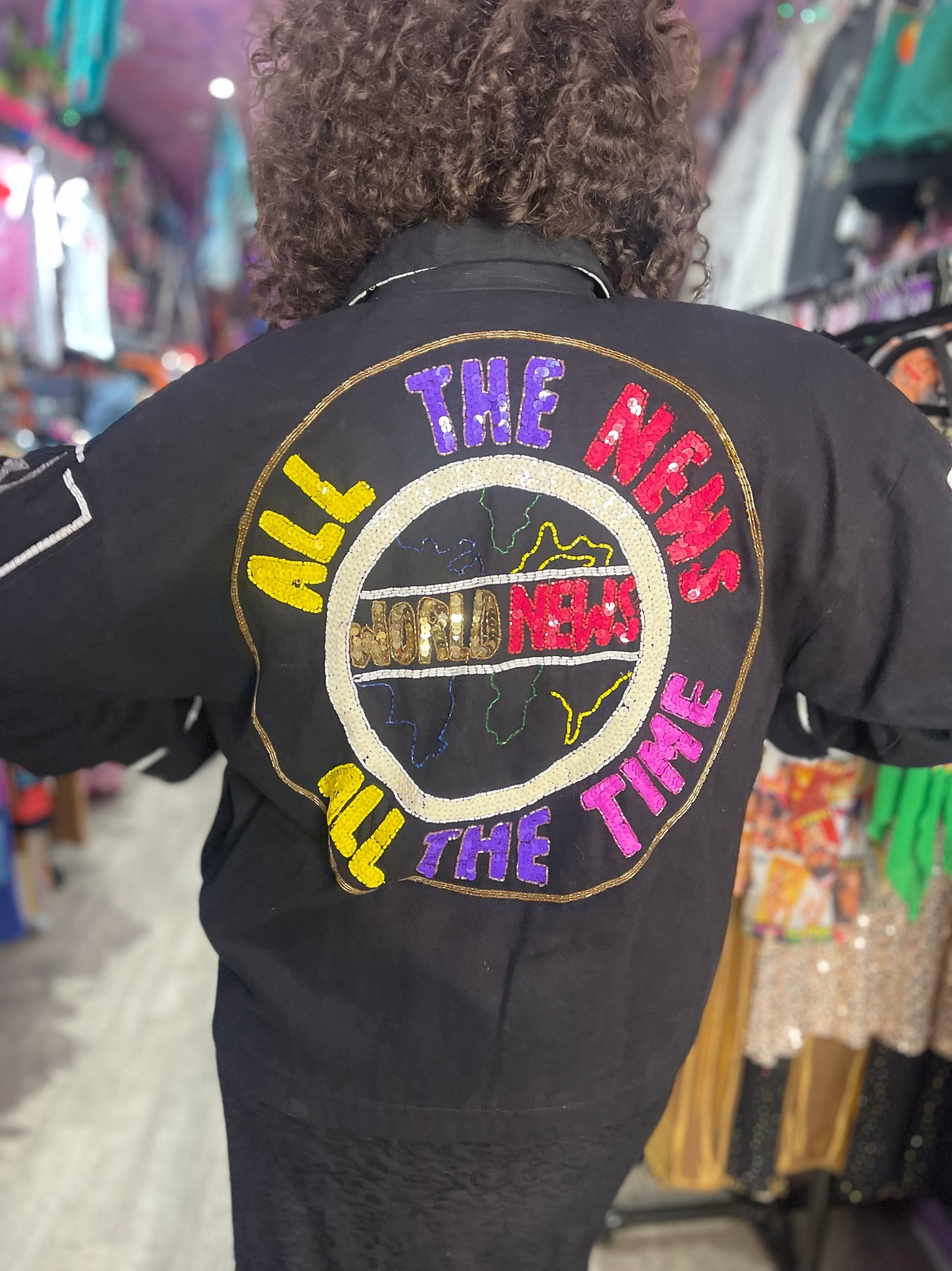 Vintage 90s Sequin News Words Bomber Denim Jacket