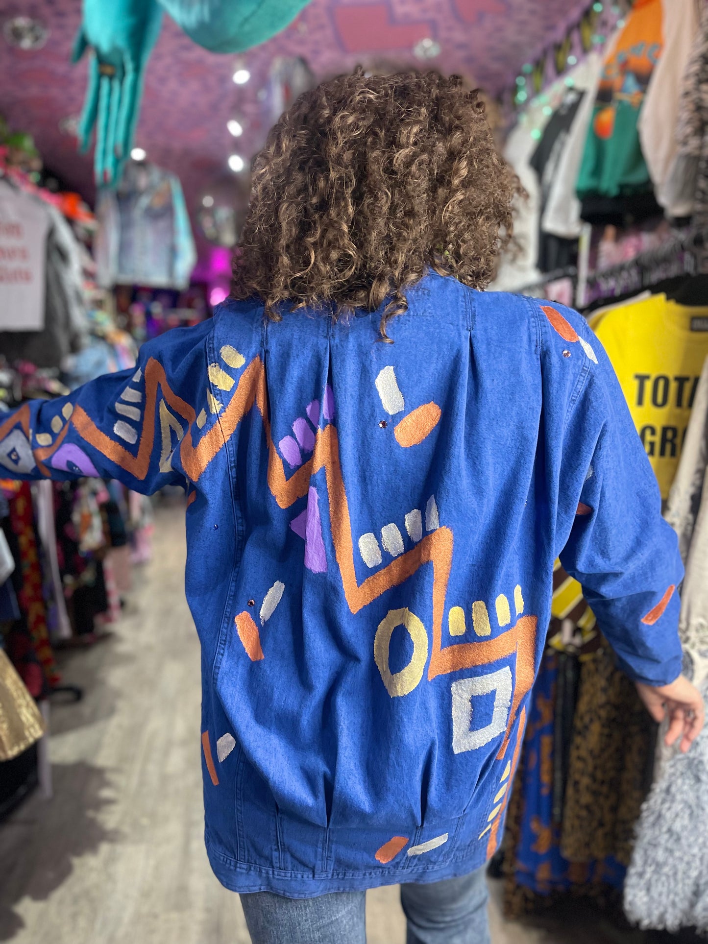 Vintage 80s Geometric Painted Blue Jacket