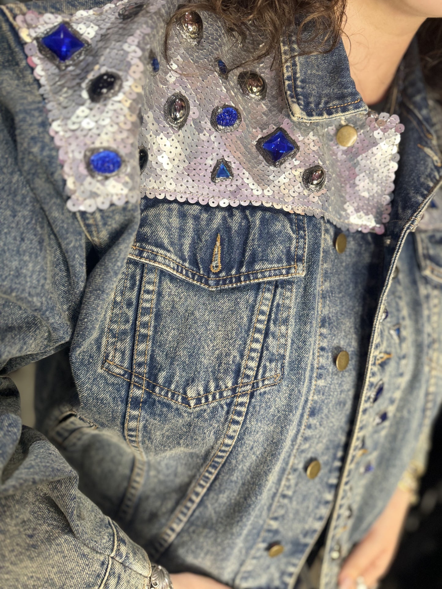 Vintage 90s Bedazzled Sequin Jean Jacket