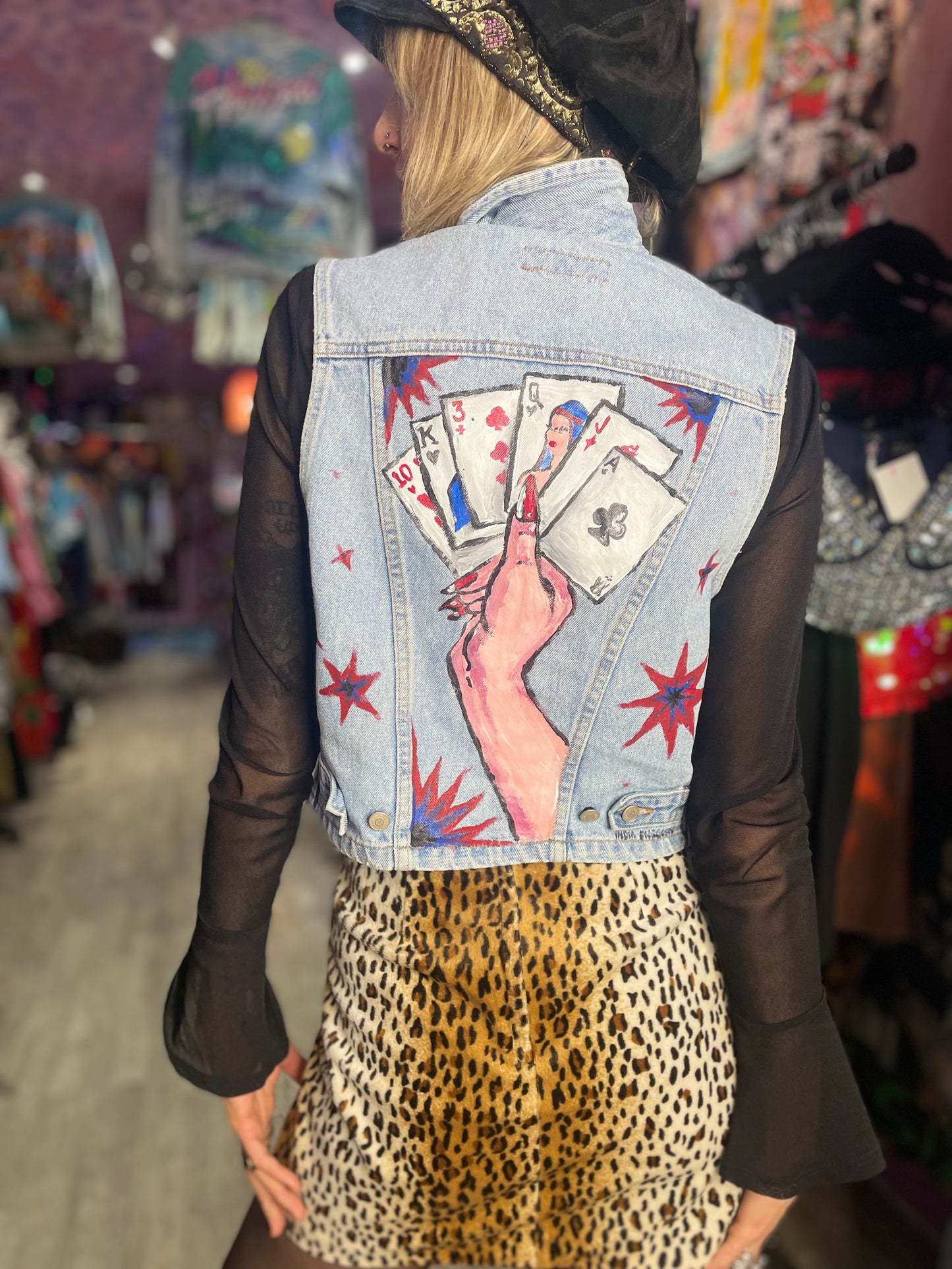 Vintage 90’s hand Painted Lady Luck Denim Vest