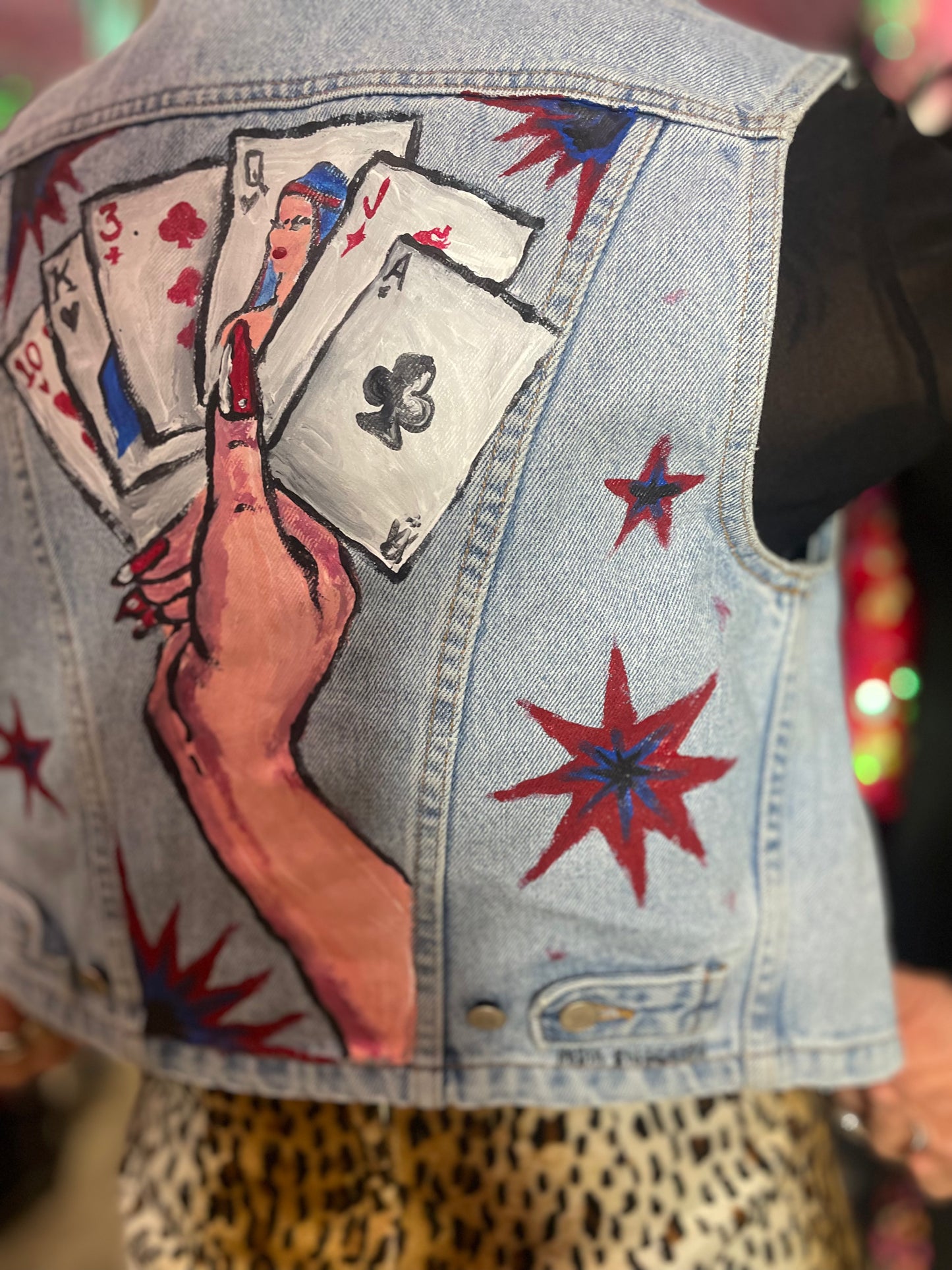 Vintage 90’s hand Painted Lady Luck Denim Vest