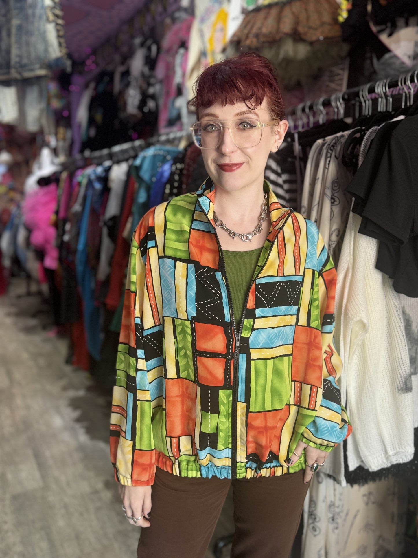 Vintage 90s Colorful Geometric Print Bomber Jacket