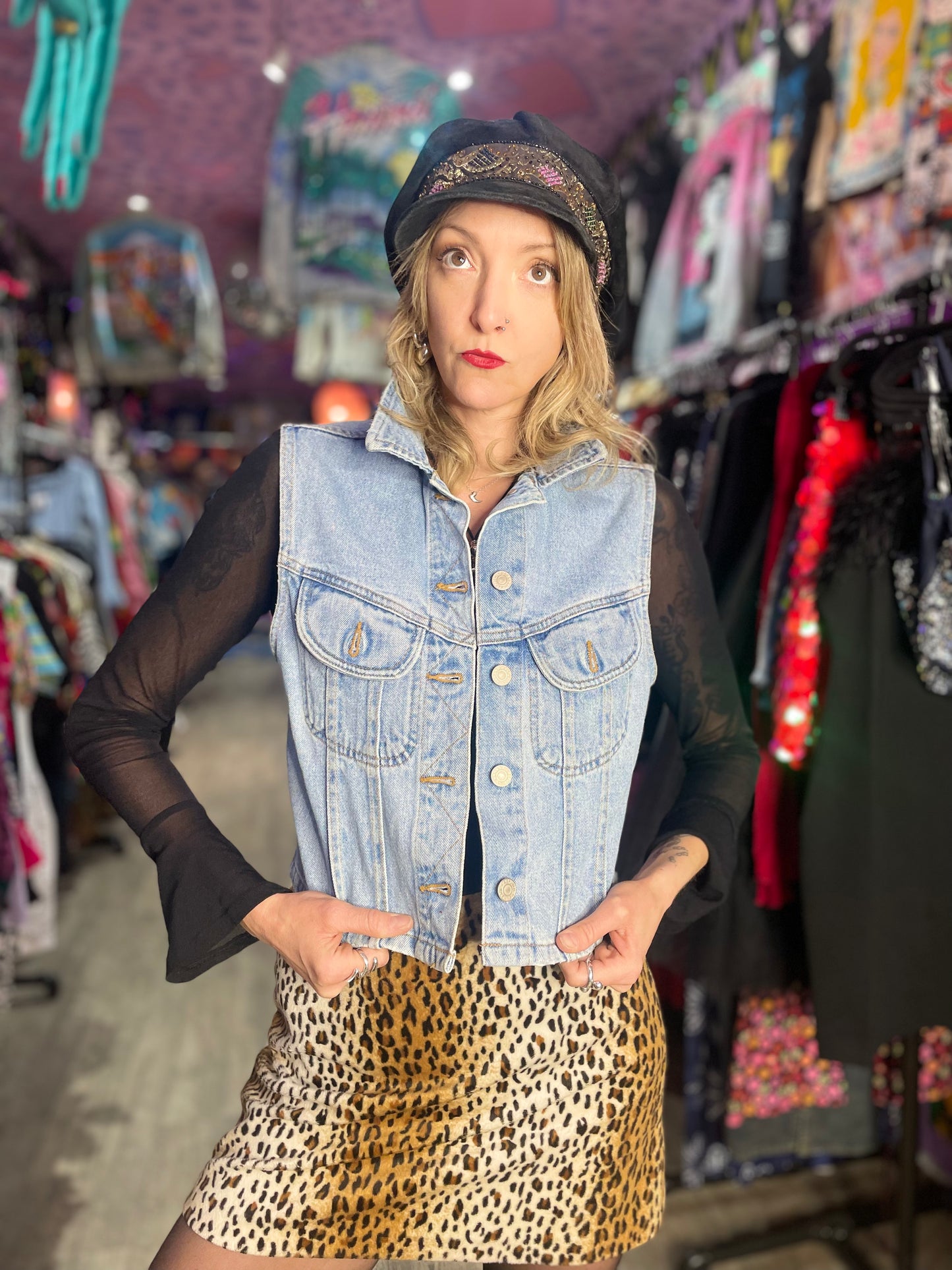 Vintage 90’s hand Painted Lady Luck Denim Vest