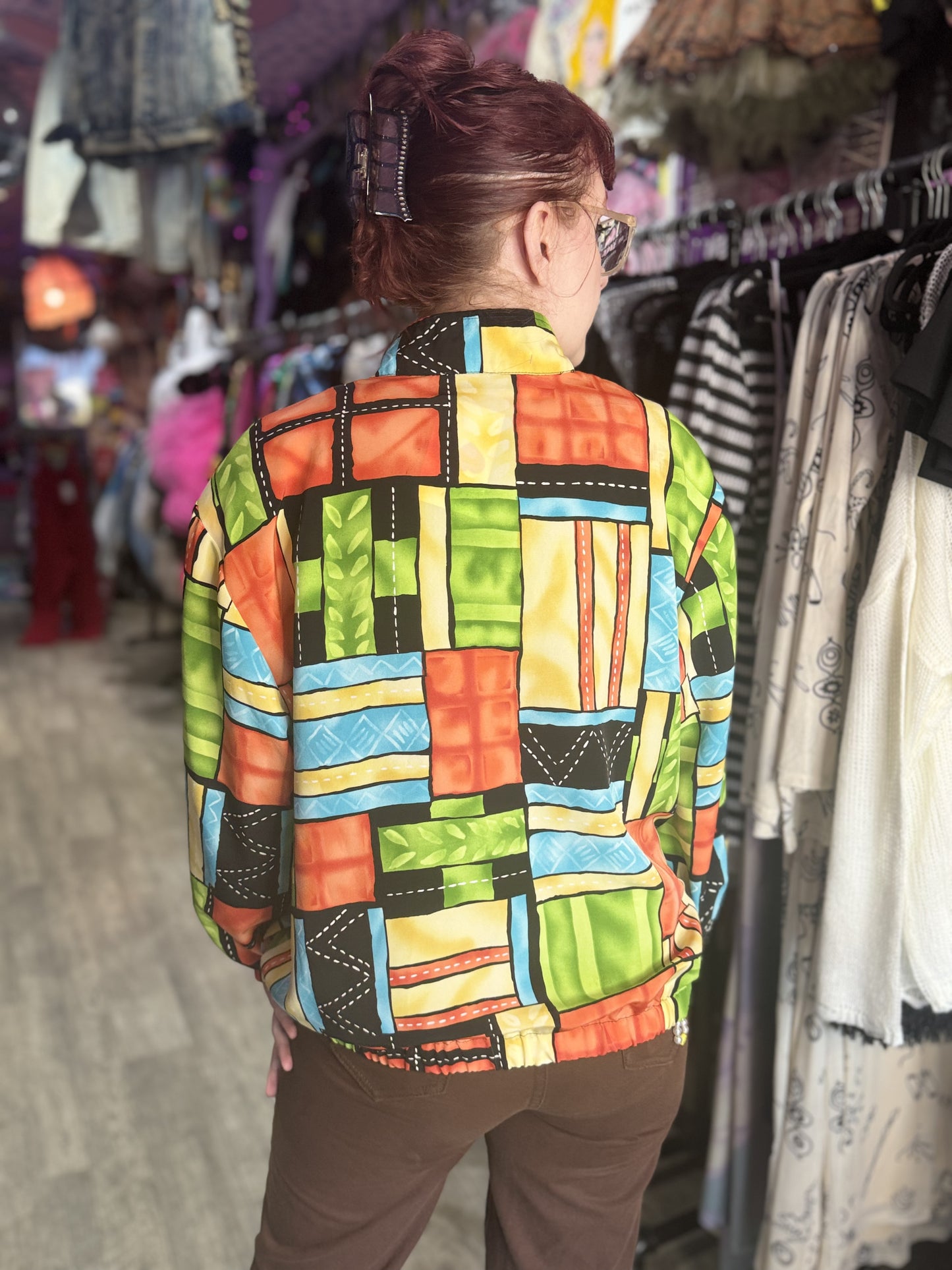 Vintage 90s Colorful Geometric Print Bomber Jacket