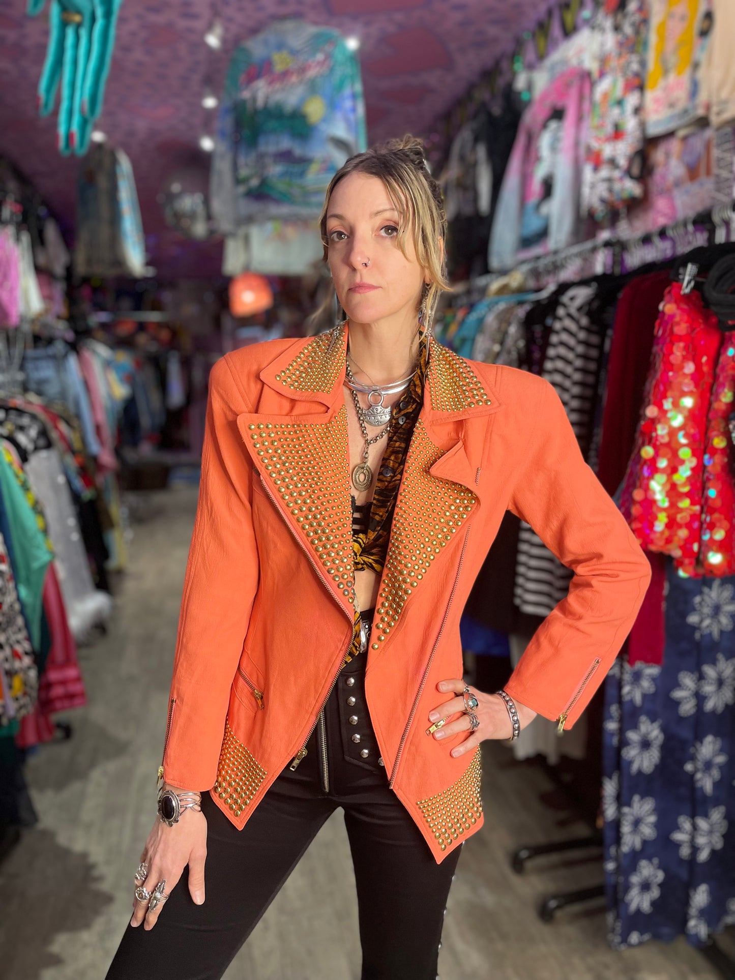 Vintage 90’s Gold Studded Peach Zipper Detail Blazer