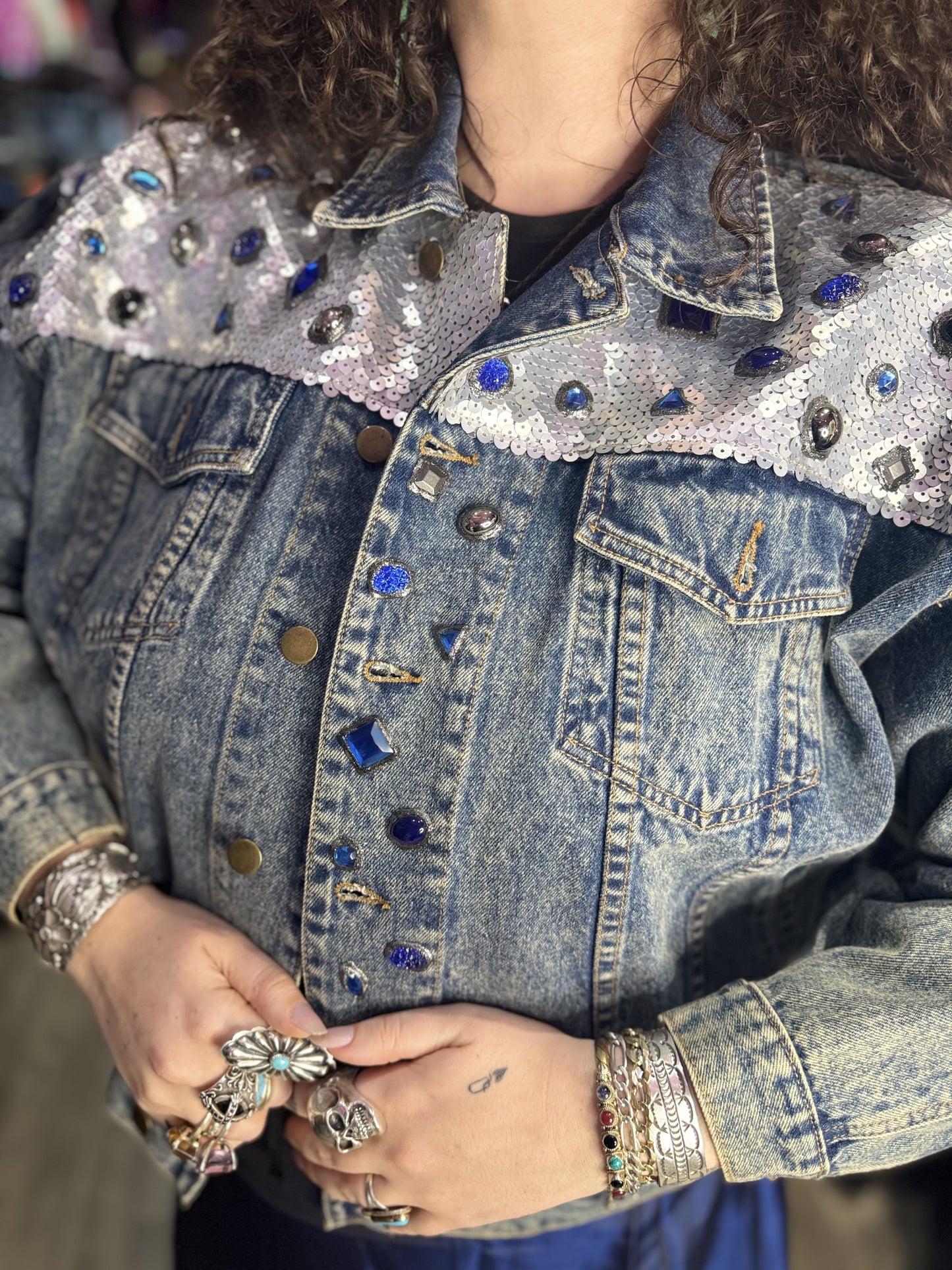 Vintage 90s Bedazzled Sequin Jean Jacket