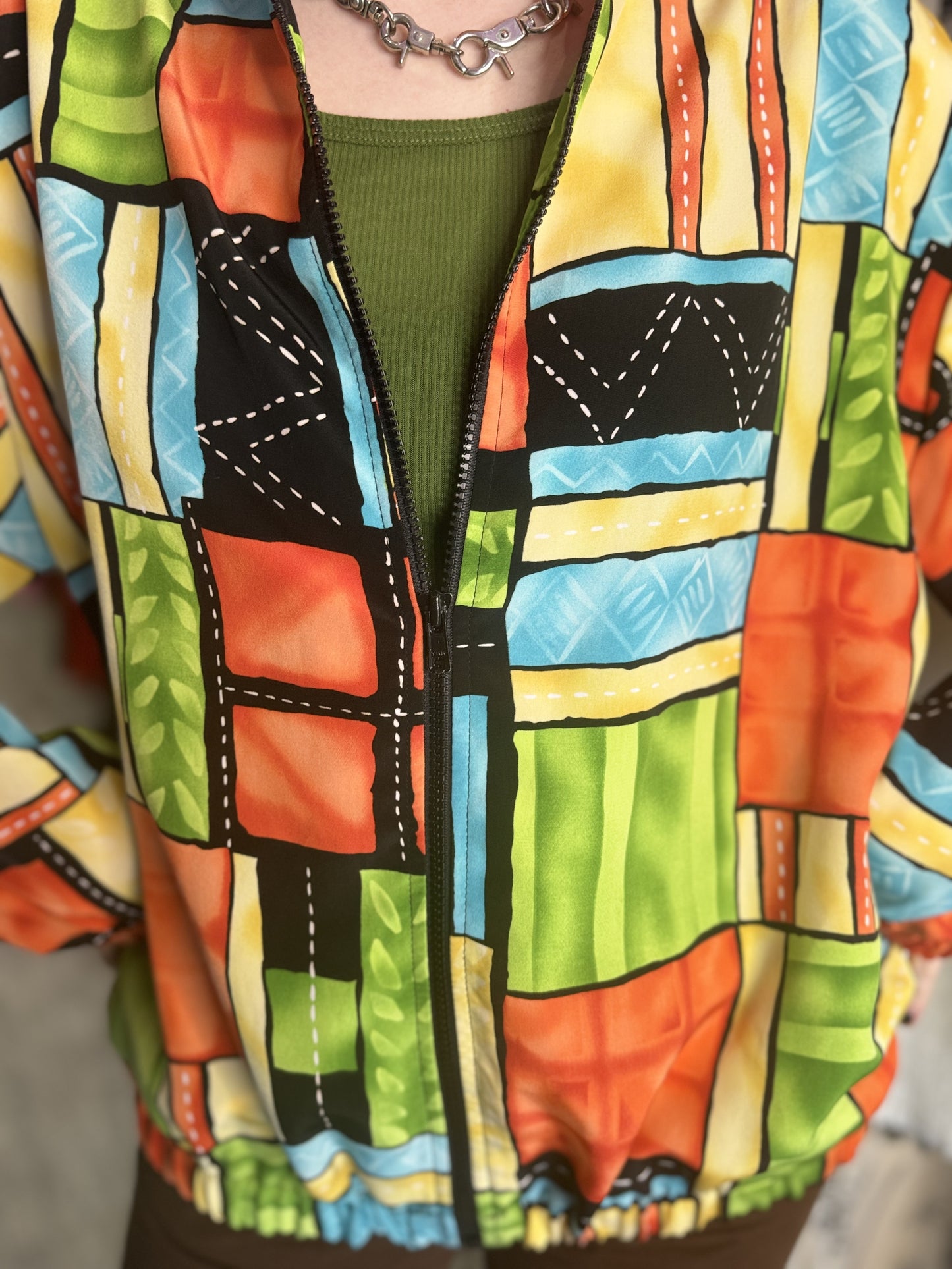 Vintage 90s Colorful Geometric Print Bomber Jacket