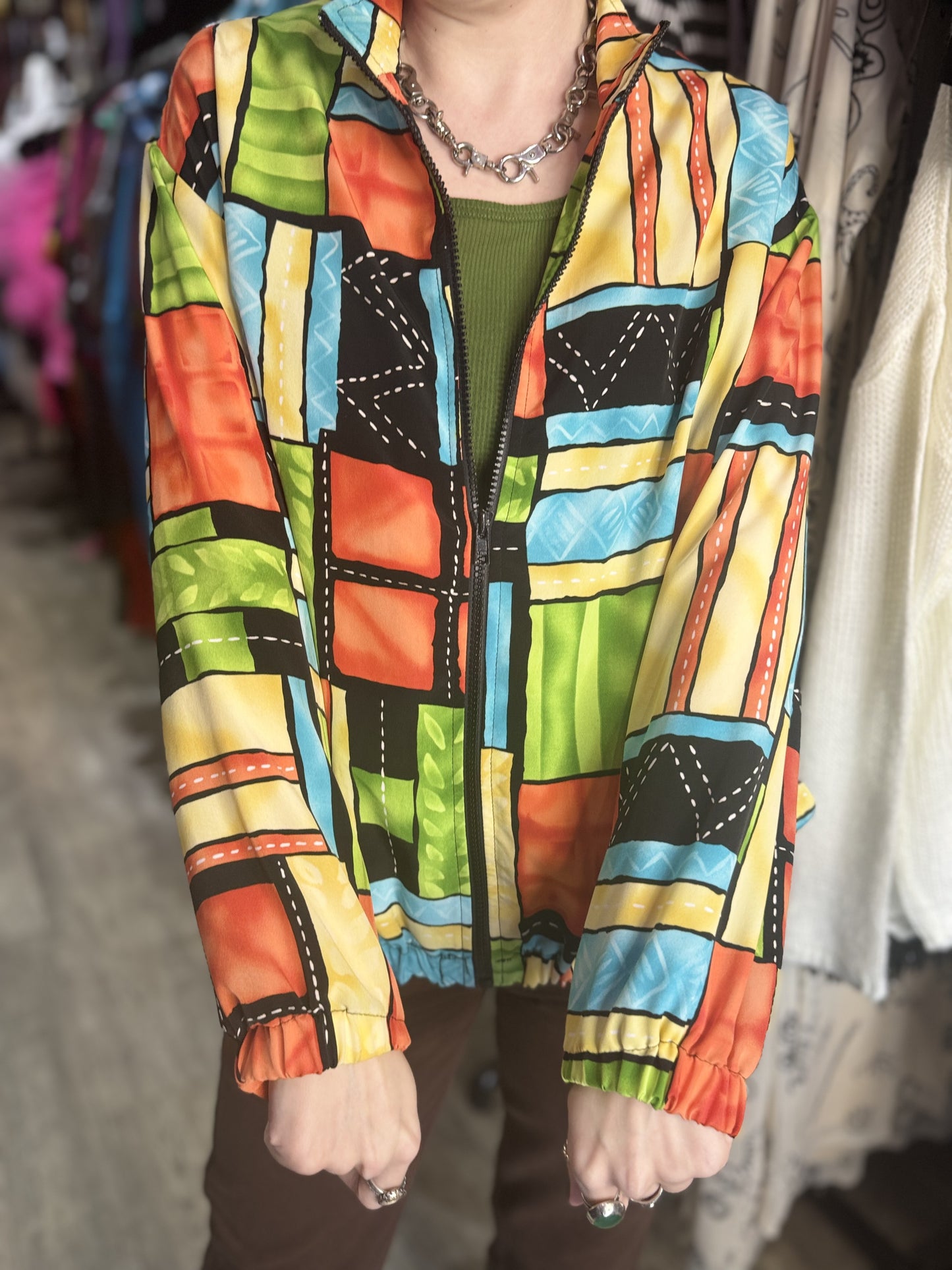 Vintage 90s Colorful Geometric Print Bomber Jacket