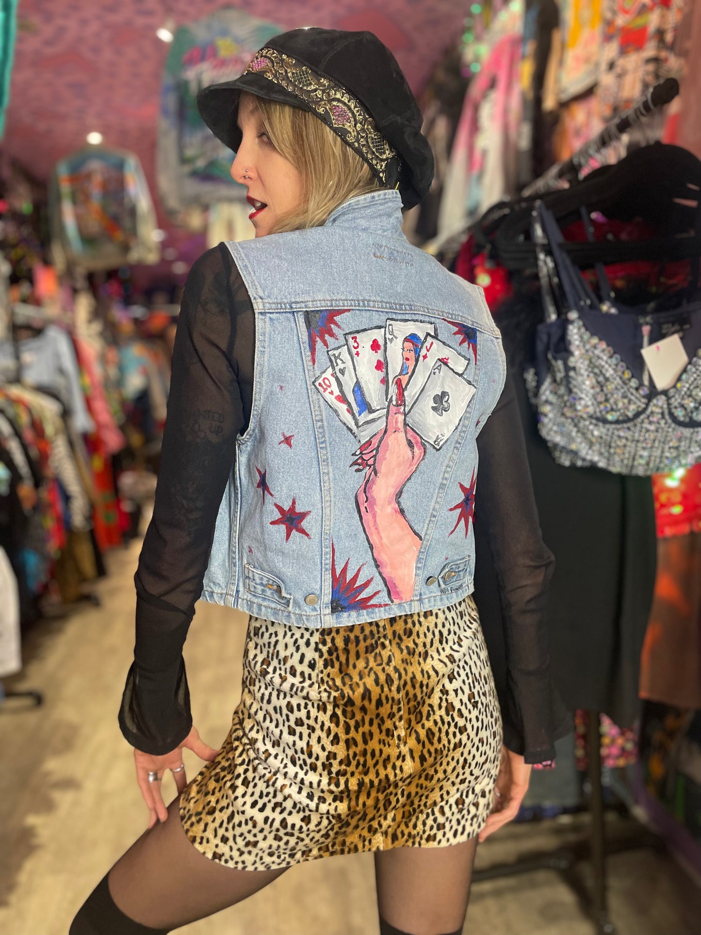 Vintage 90’s hand Painted Lady Luck Denim Vest