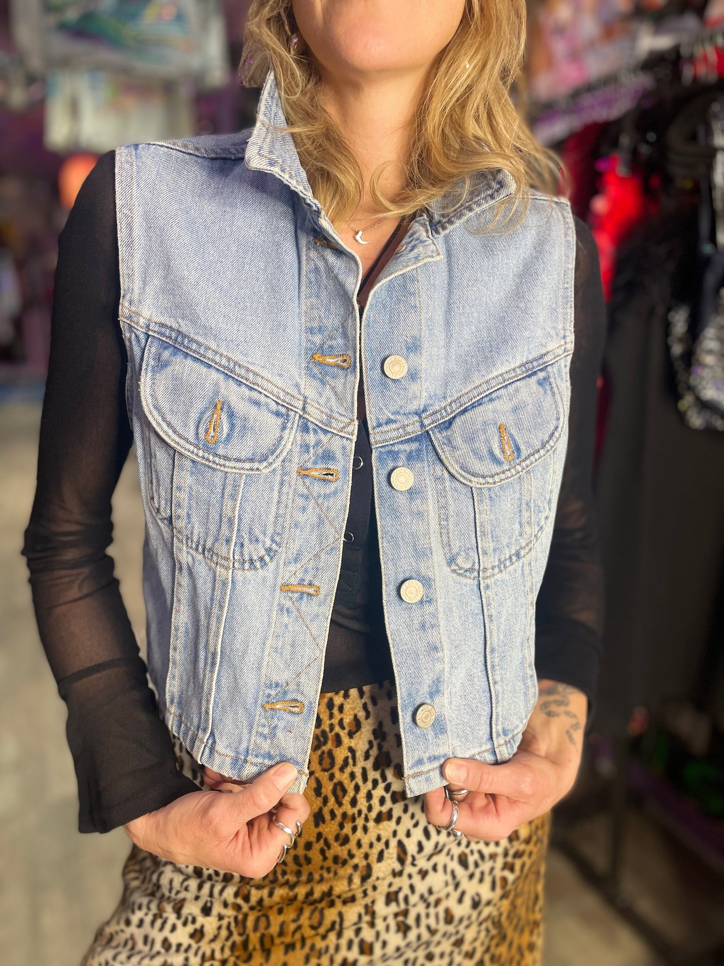 Vintage 90’s hand Painted Lady Luck Denim Vest