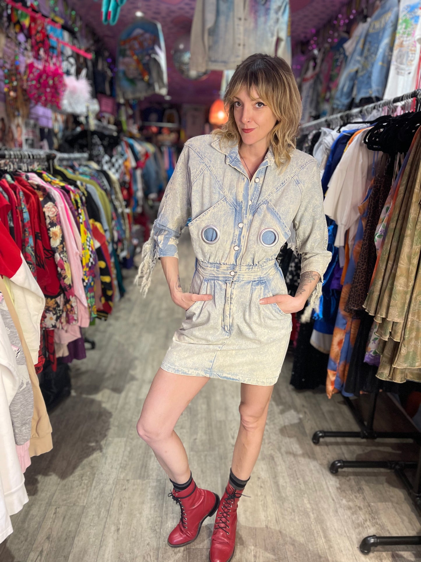 Vintage 80’s Acid Wash Fringe Denim Mini Dress - Spark Pretty