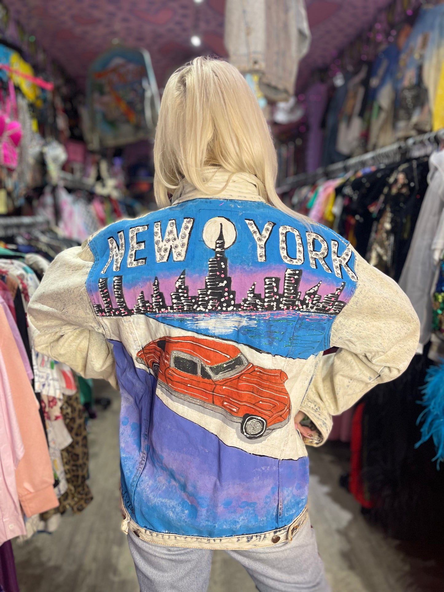 Vintage 80s Painted and Bedazzled New York Jean Jacket