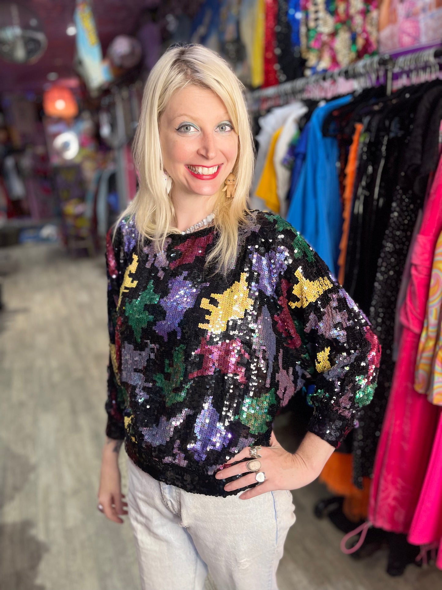Vintage 80s Sequin Colorful Shapes Top