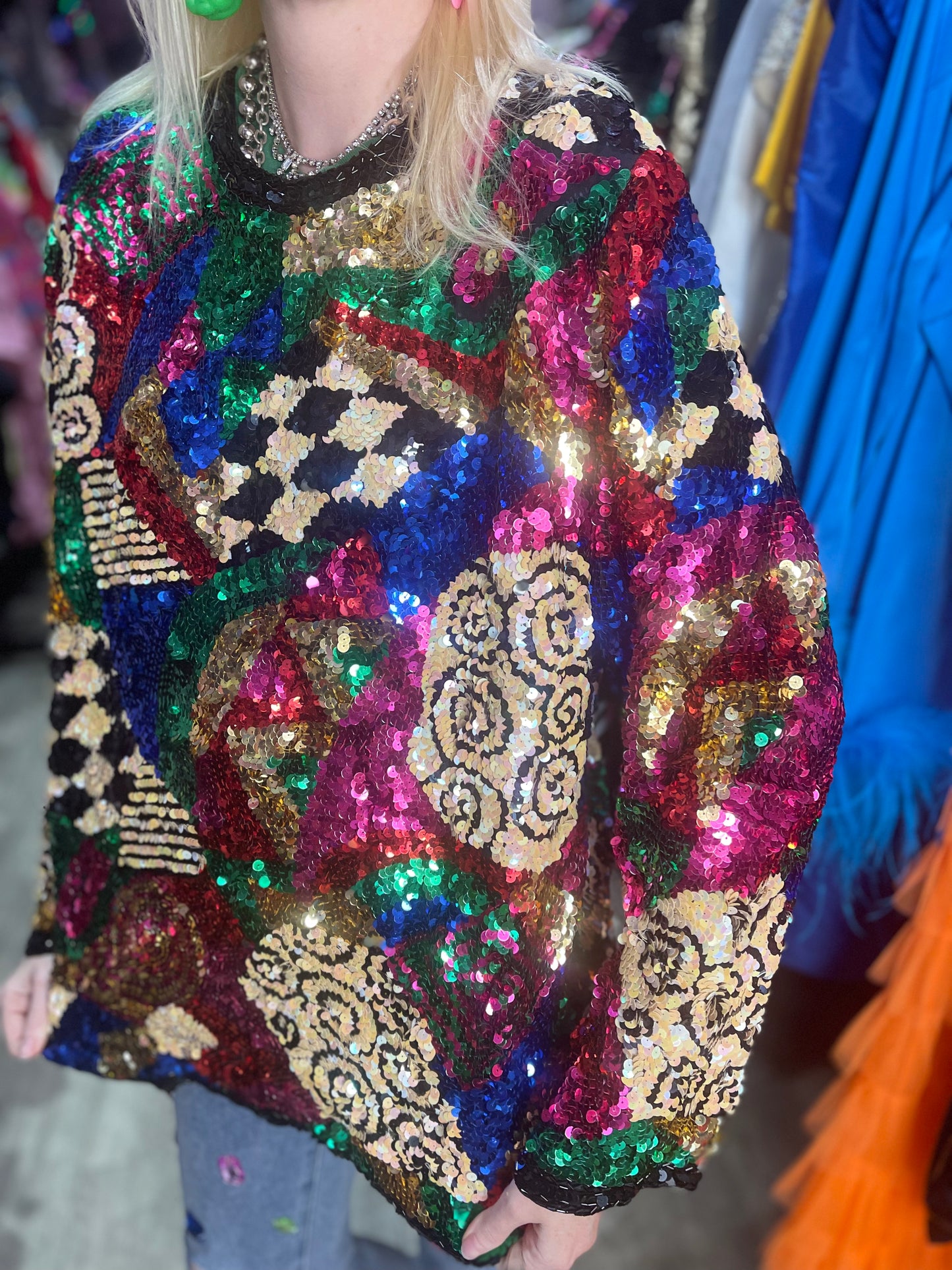 Vintage 80s Sequin Mix Print Top