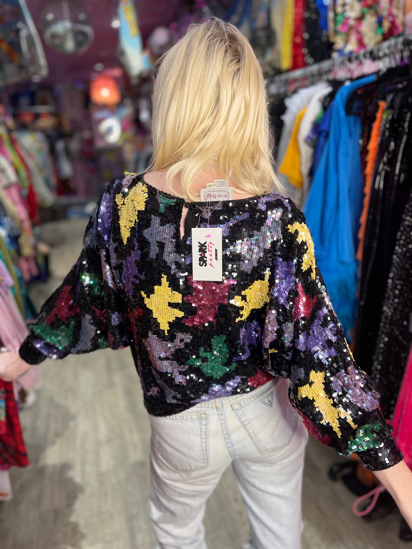 Vintage 80s Sequin Colorful Shapes Top