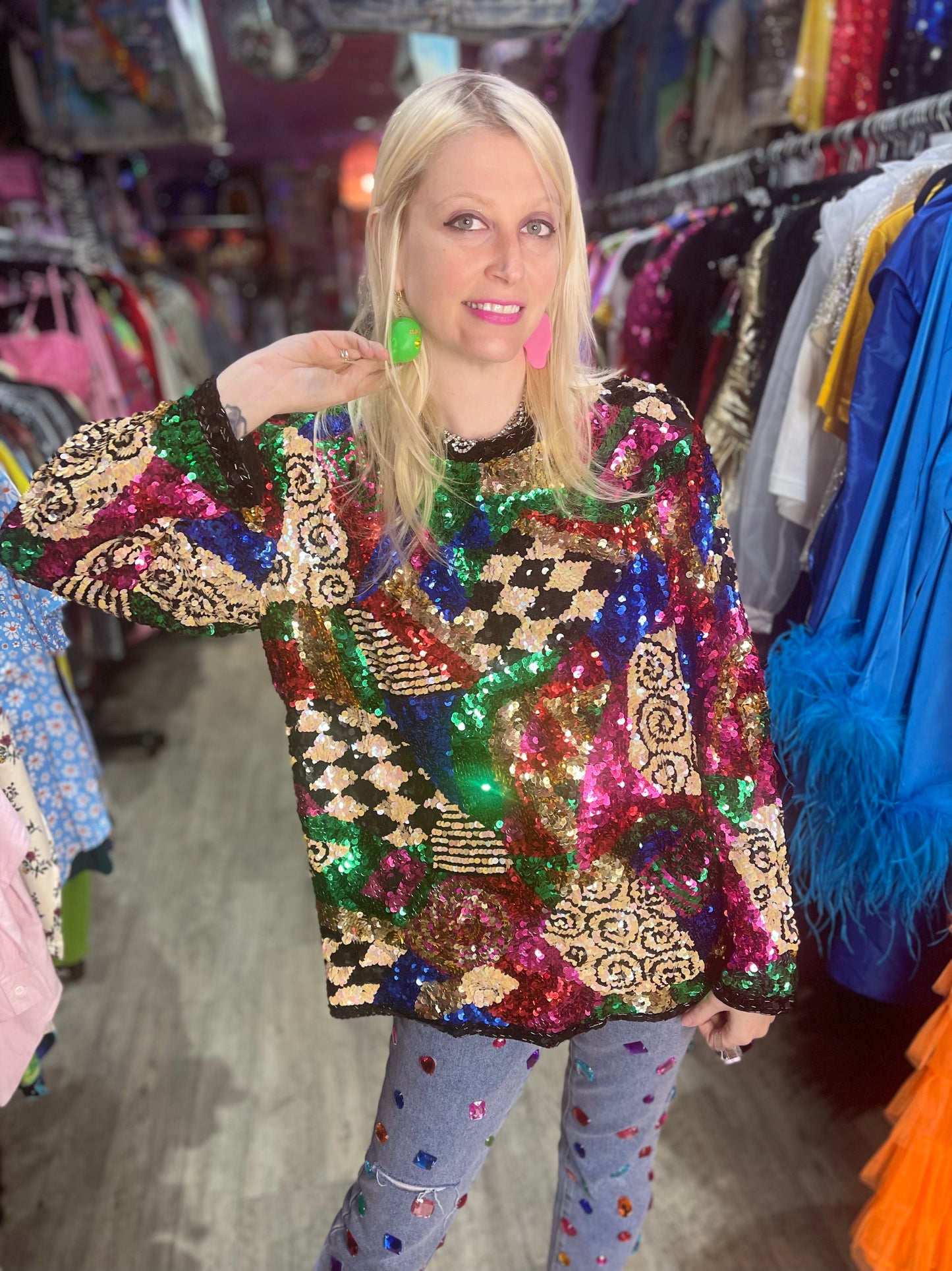Vintage 80s Sequin Mix Print Top
