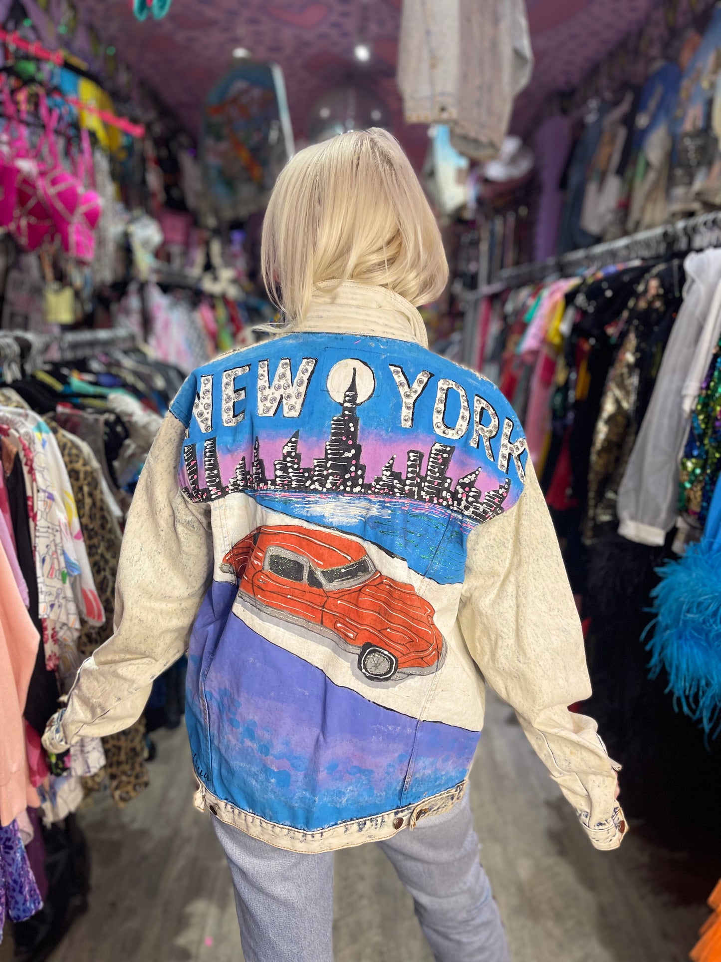 Vintage 80s Painted and Bedazzled New York Jean Jacket