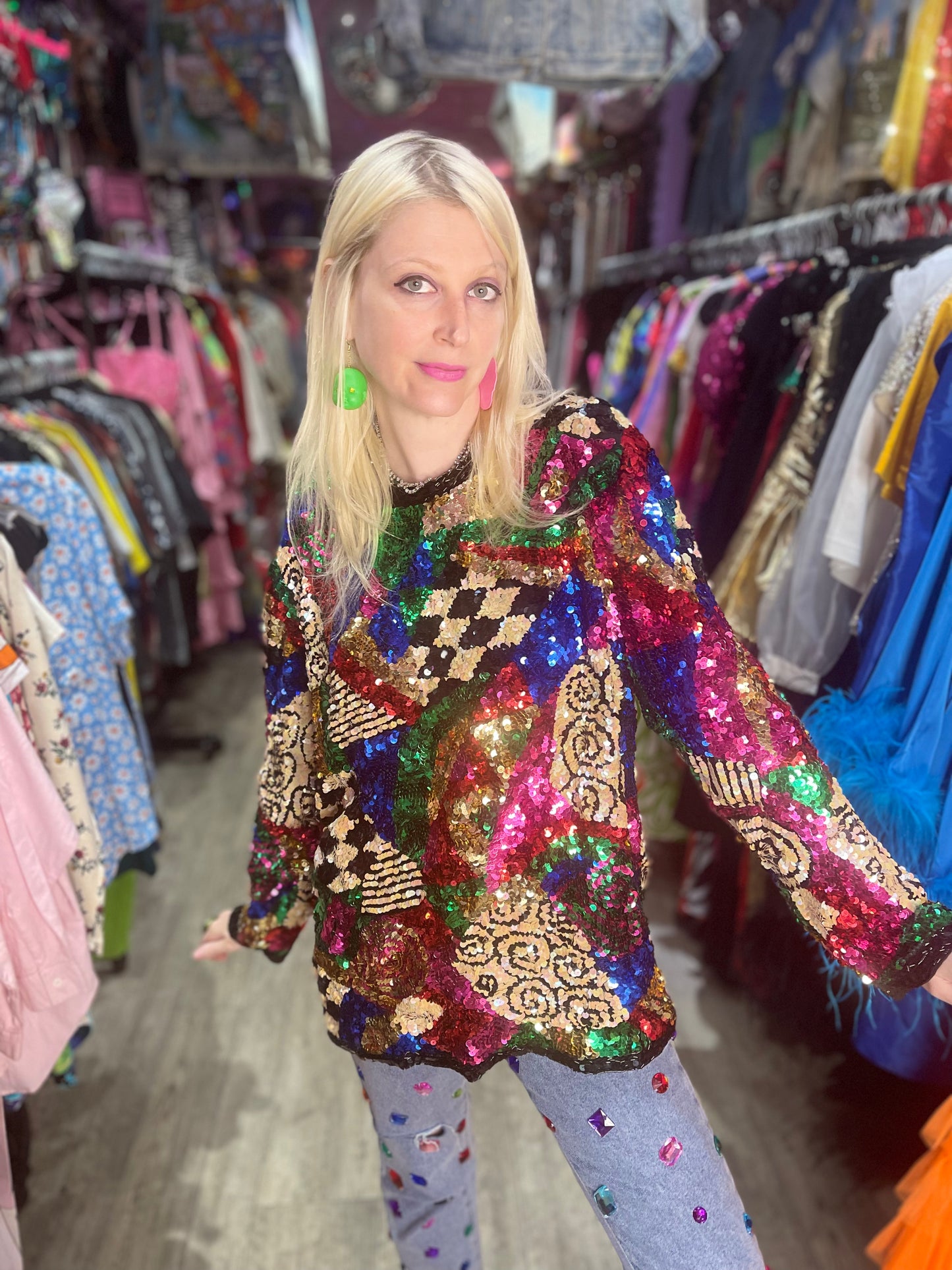 Vintage 80s Sequin Mix Print Top