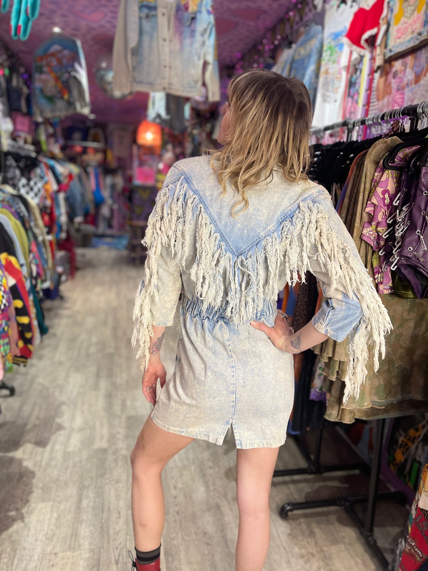 Vintage 80’s Acid Wash Fringe Denim Mini Dress - Spark Pretty