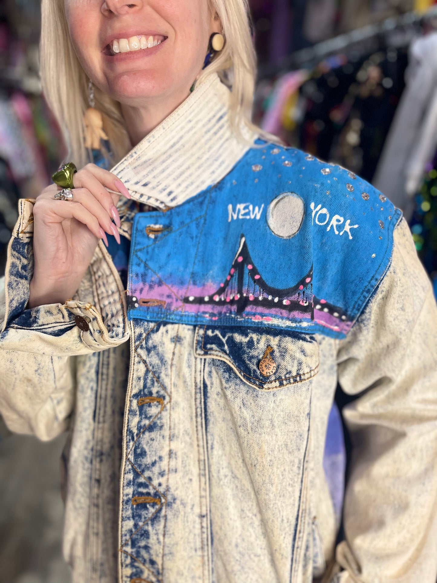 Vintage 80s Painted and Bedazzled New York Jean Jacket