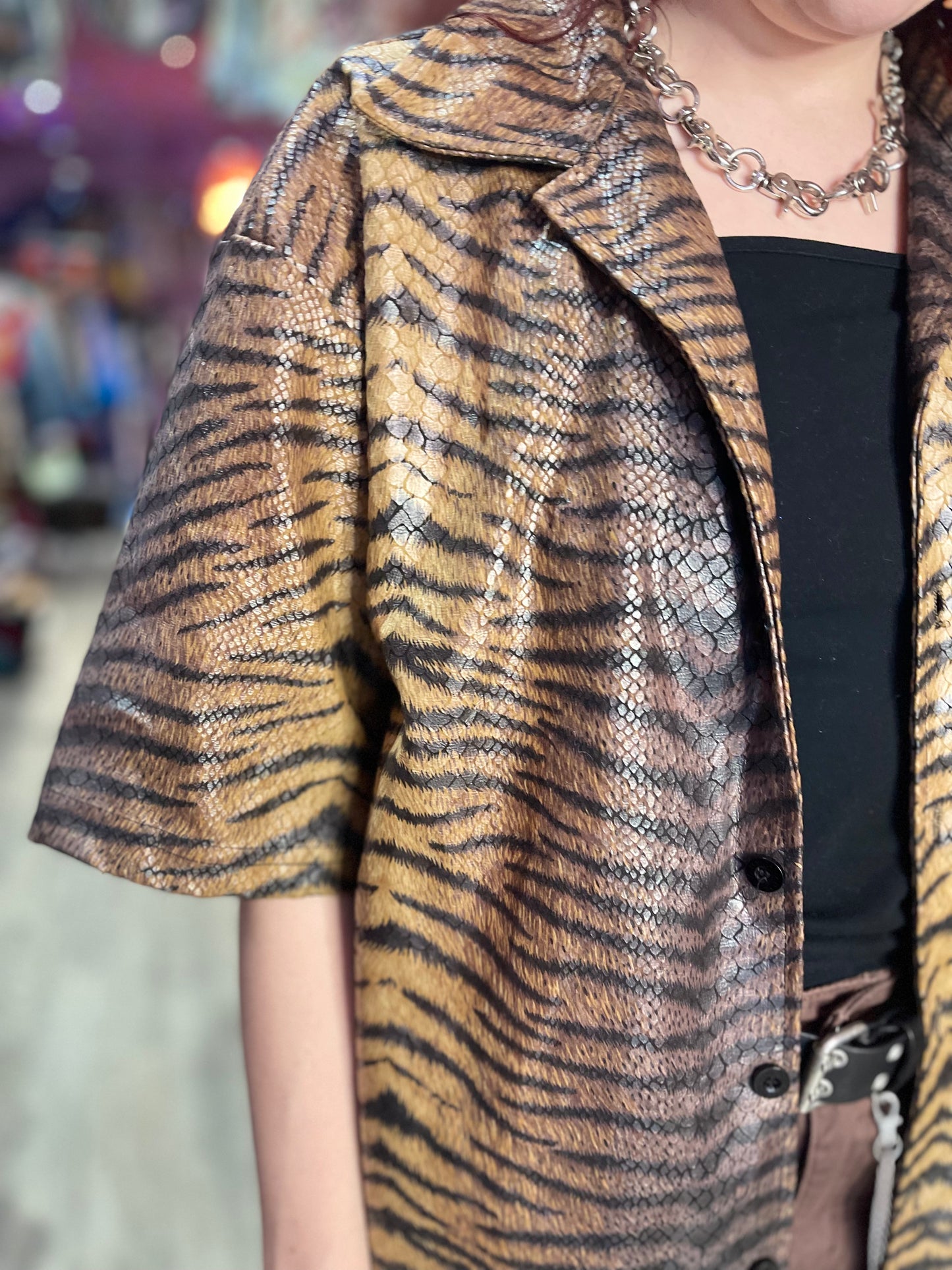 Vintage 90s Brown Textured Tiger Rave Shirt - Spark Pretty