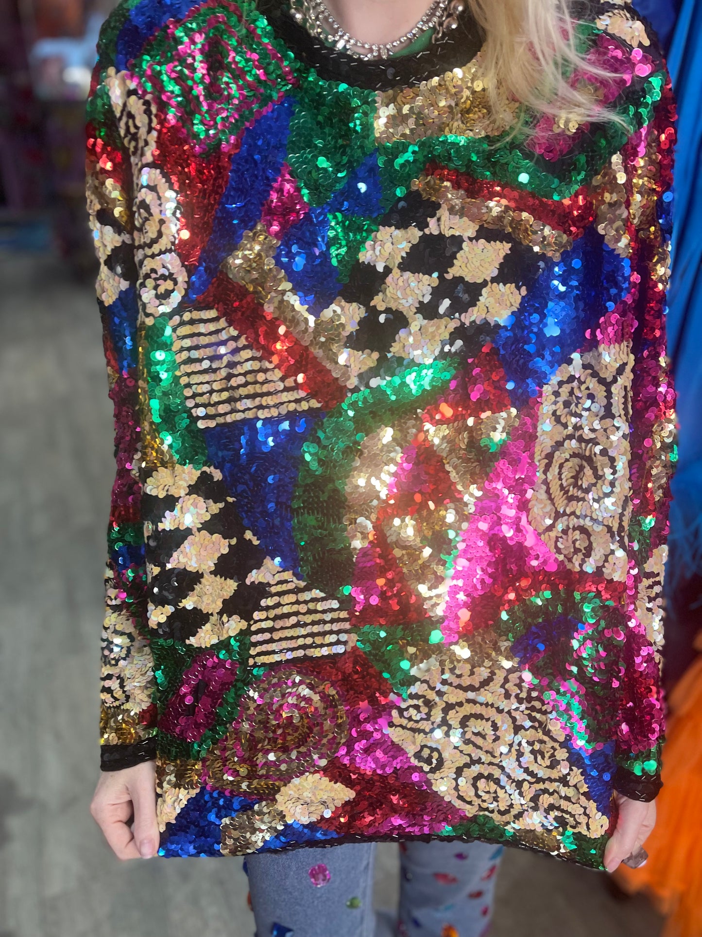 Vintage 80s Sequin Mix Print Top