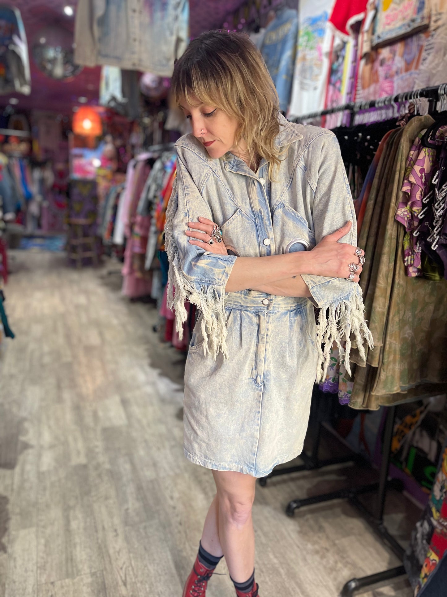 Vintage 80’s Acid Wash Fringe Denim Mini Dress - Spark Pretty