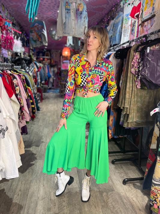 Vintage Lime Green Hippie Palazzo Bell Bottom Pants - Spark Pretty