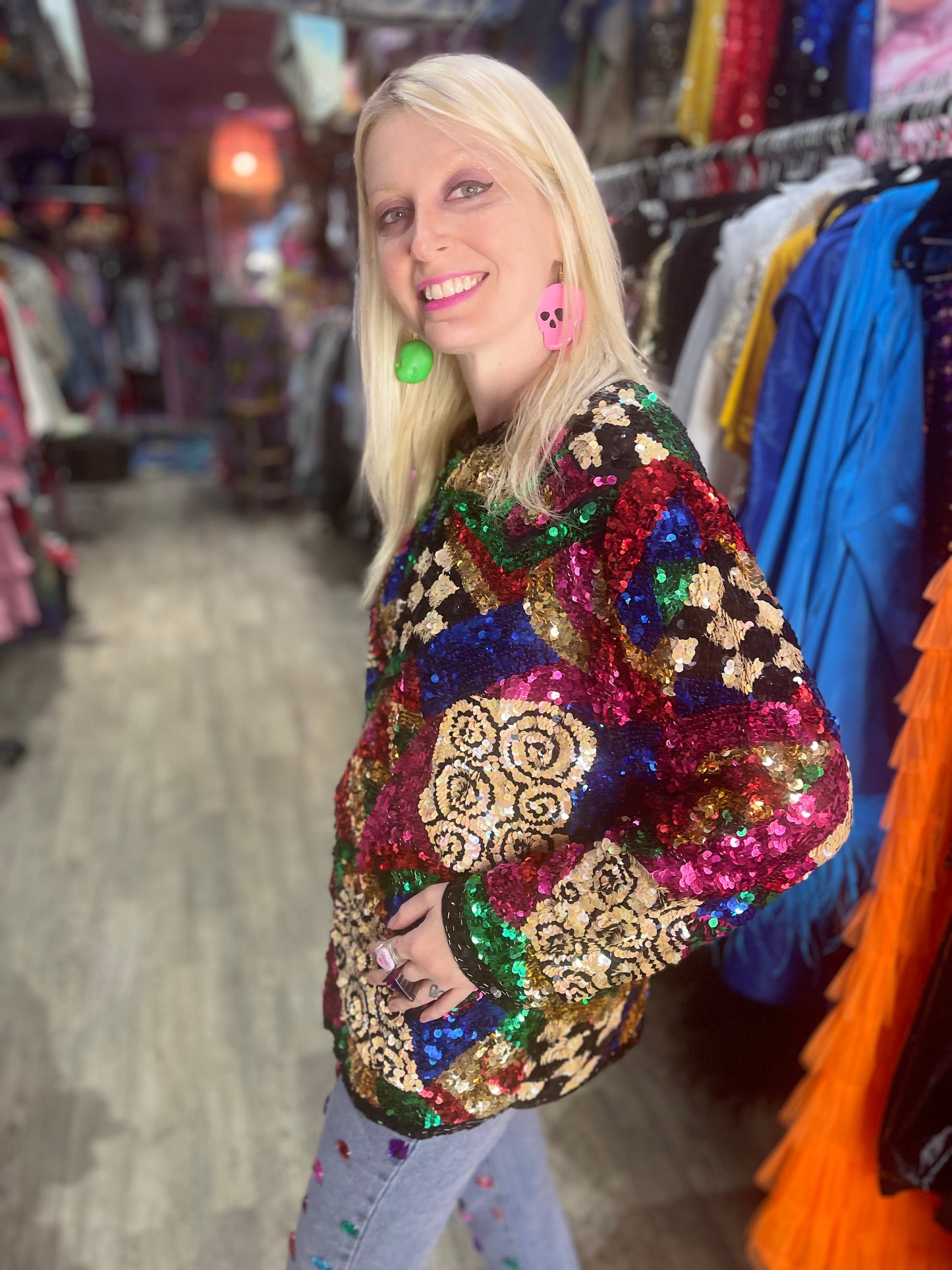 Vintage 80s Sequin Mix Print Top