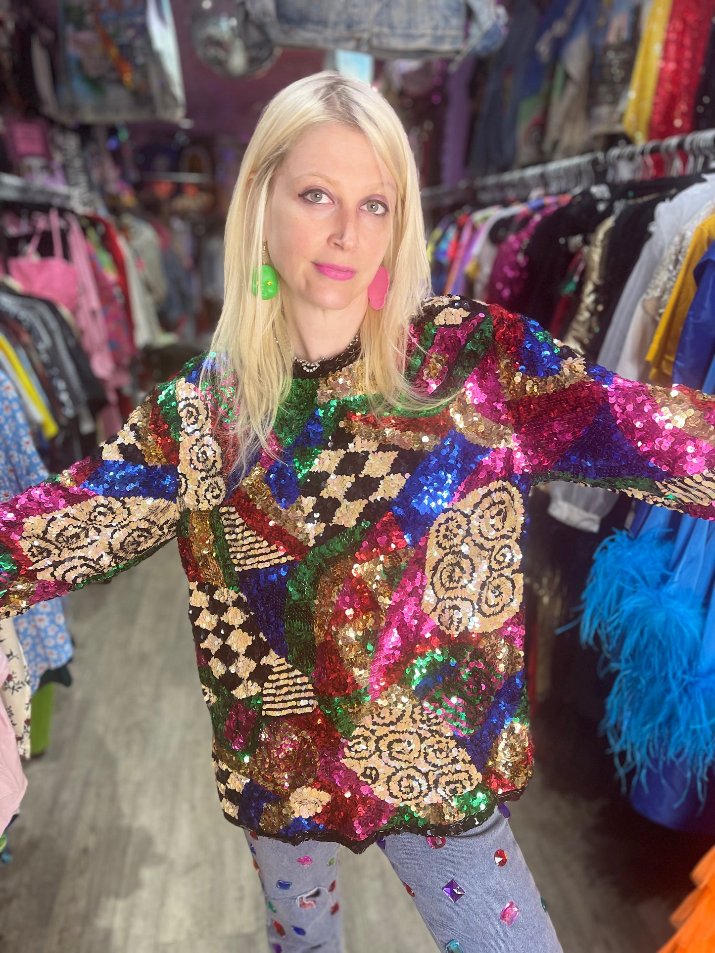 Vintage 80s Sequin Mix Print Top