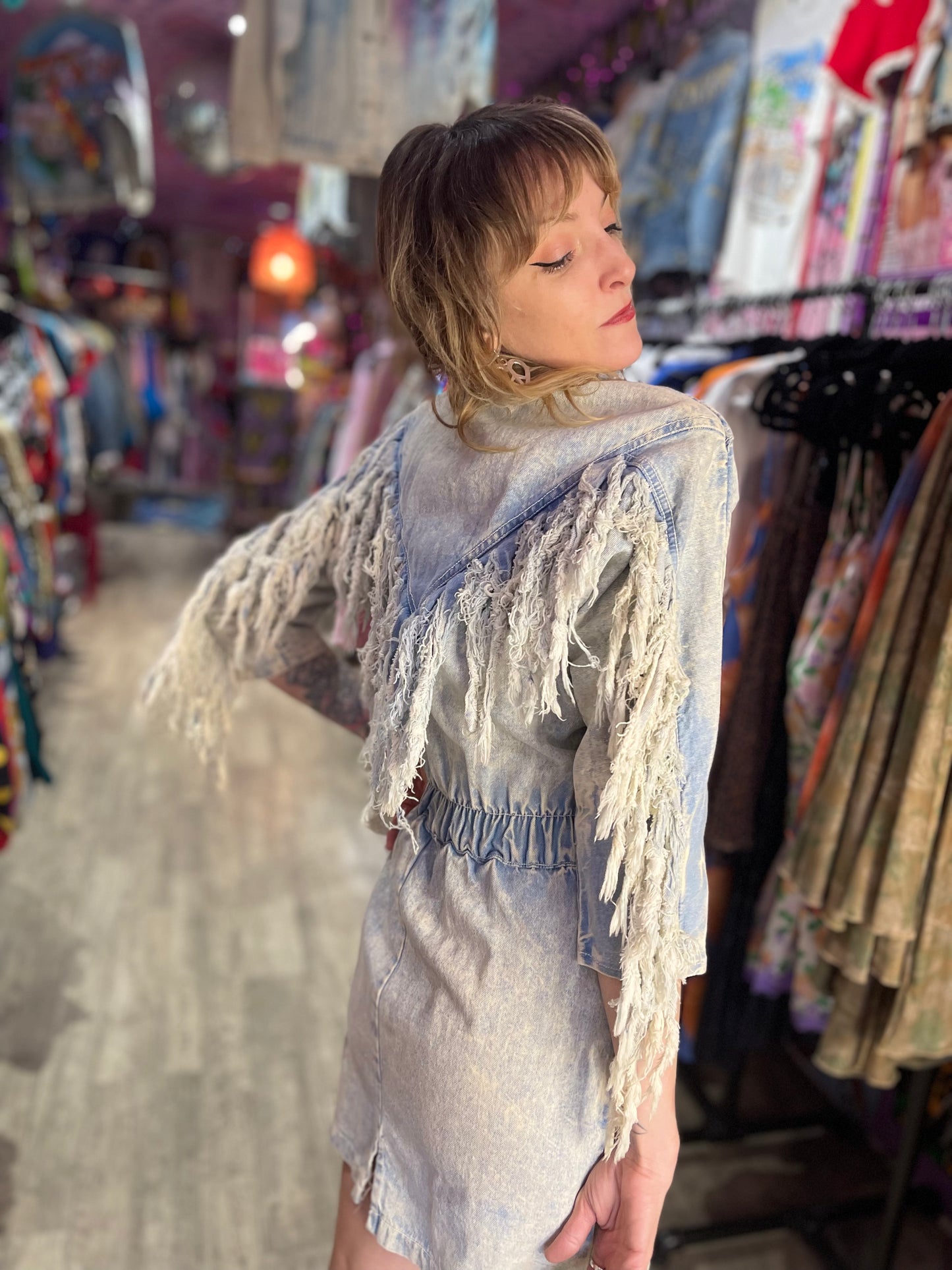 Vintage 80’s Acid Wash Fringe Denim Mini Dress - Spark Pretty