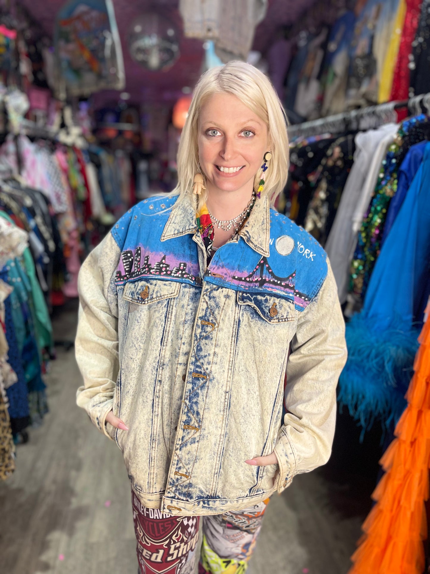 Vintage 80s Painted and Bedazzled New York Jean Jacket