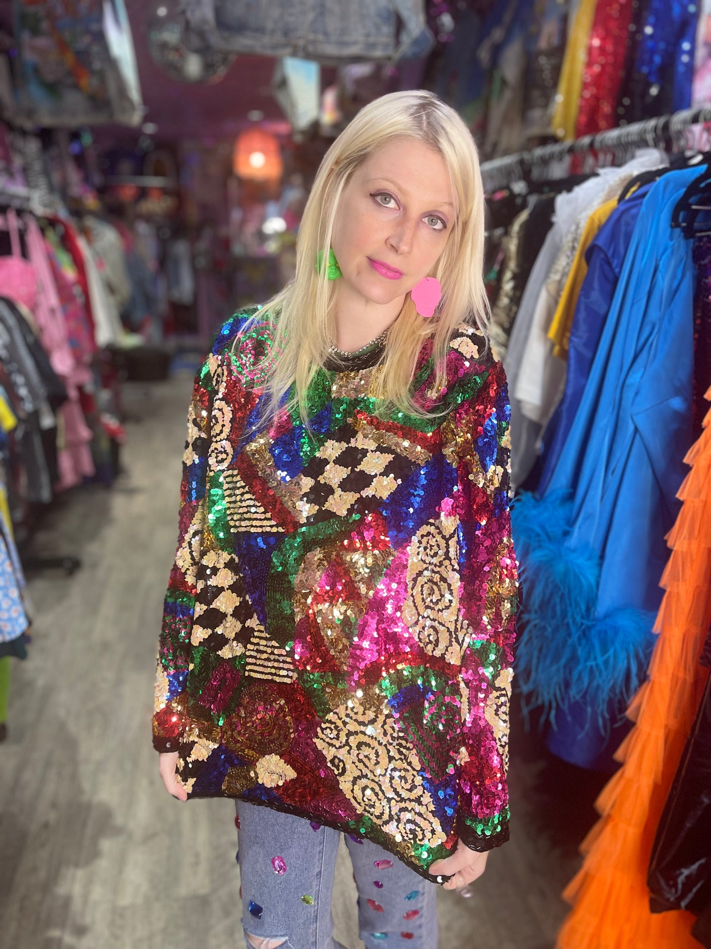Vintage 80s Sequin Mix Print Top