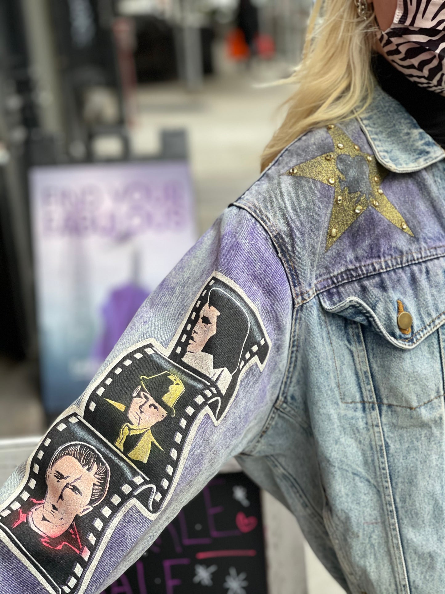 Vintage 80s Hand Painted and Bedazzled Fifties themed Jean Jacket - Spark Pretty