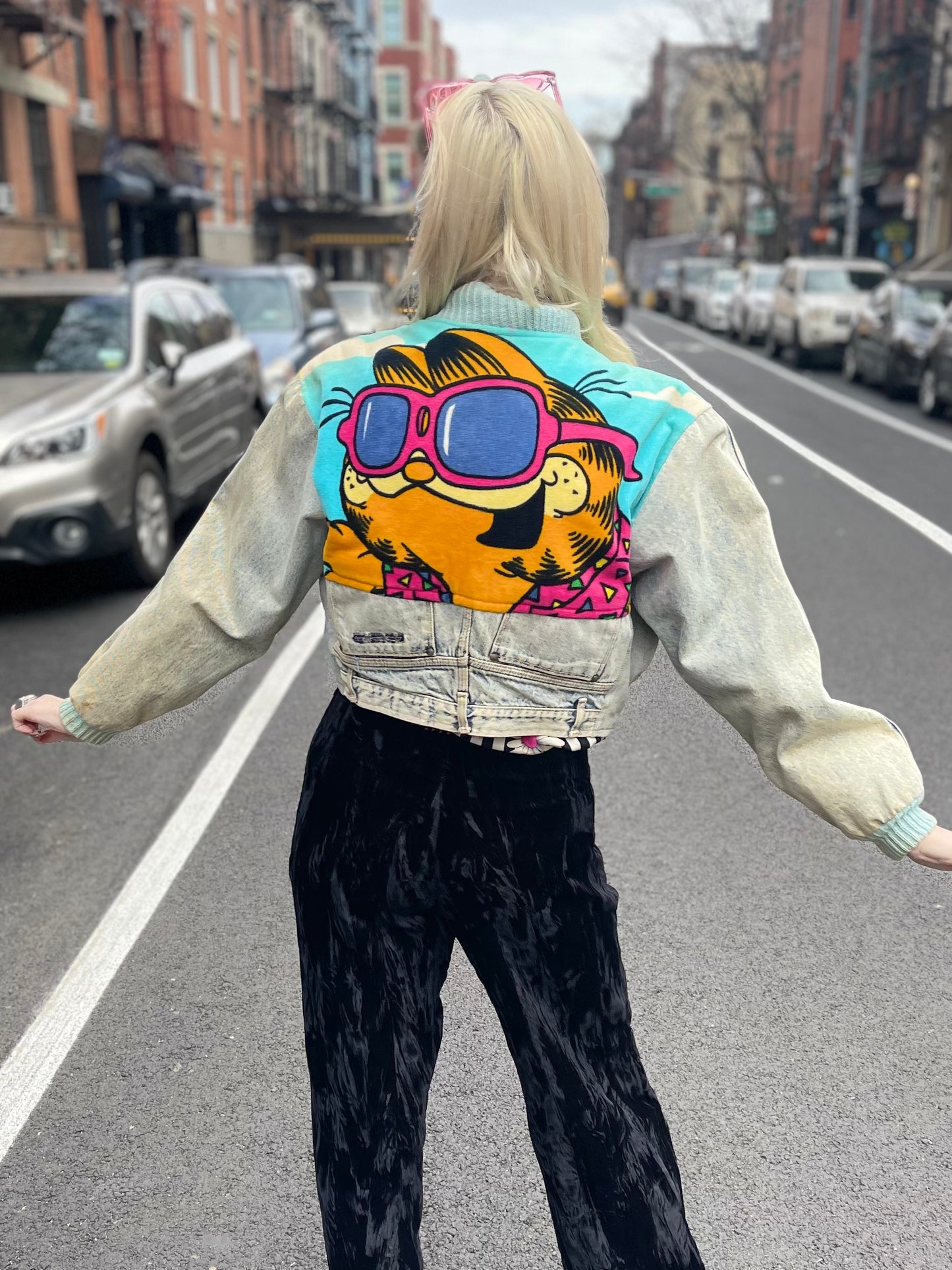Vintage 80s Patchwork Garfield Cropped Jean Jacket - Spark Pretty