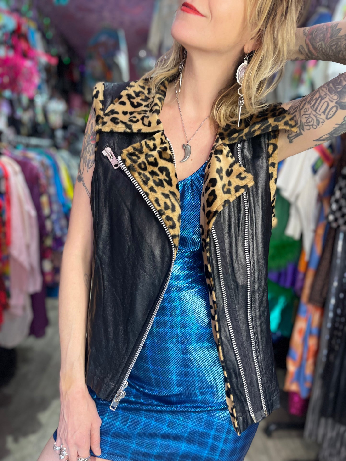 Vintage 90s Lip Service Faux Leather And Leopard Print Moto Vest - Spark Pretty