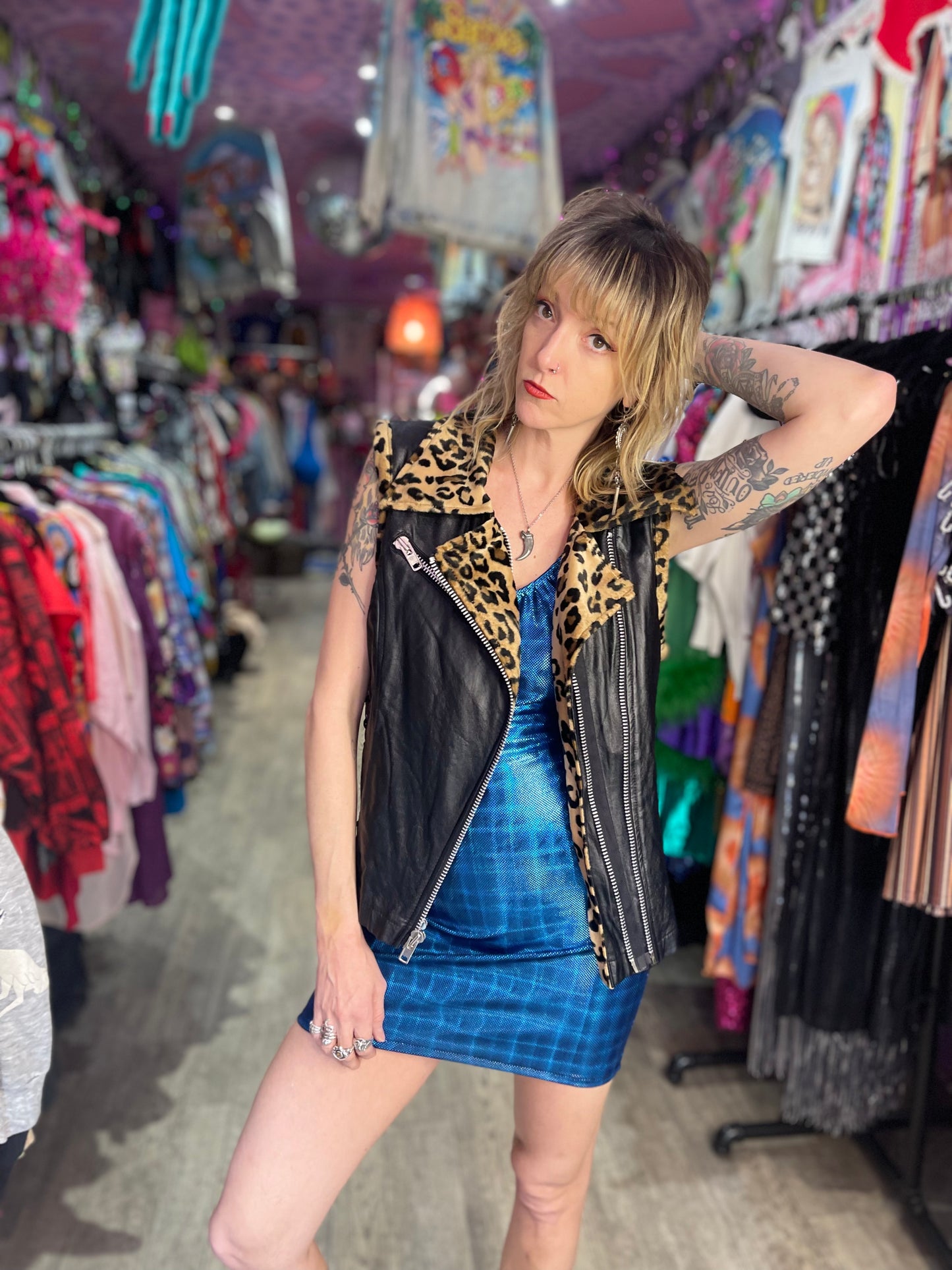 Vintage 90s Lip Service Faux Leather And Leopard Print Moto Vest - Spark Pretty