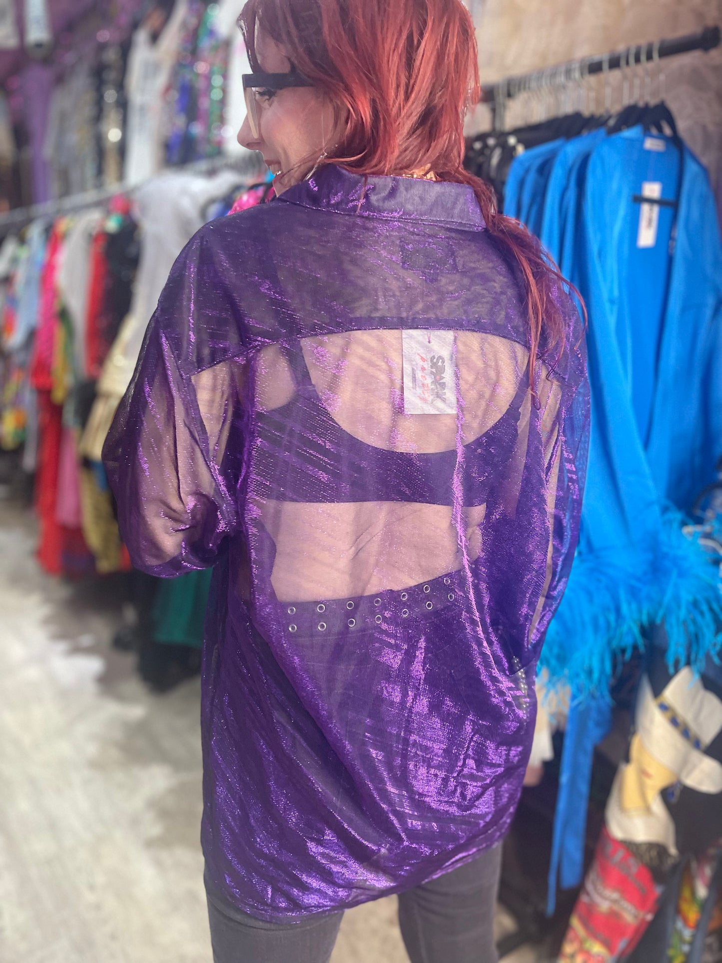Vintage 90s Shiny Sparkly Sheer Purple Long Sleeve Shirt - Spark Pretty