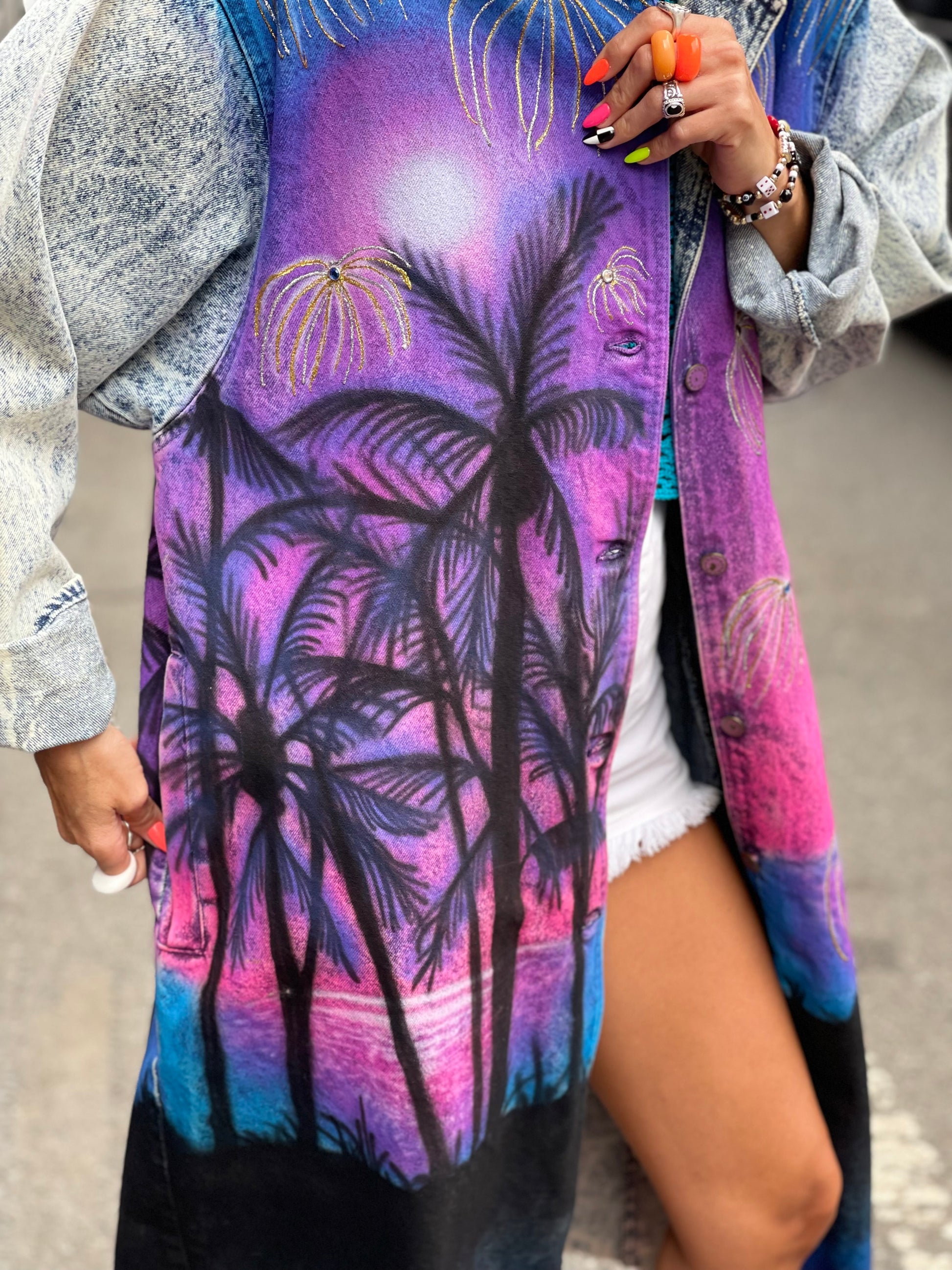 Vintage 80s Custom Airbrushed and Bedazzled Aloha Denim Coat - Spark Pretty