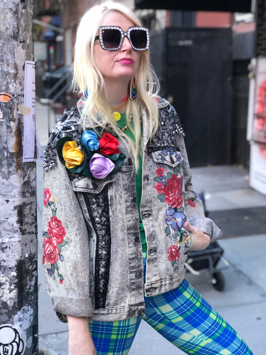 Vintage 80s One of a Kind Patchwork Bedazzled Acid Wash Jean Jacket - Spark Pretty