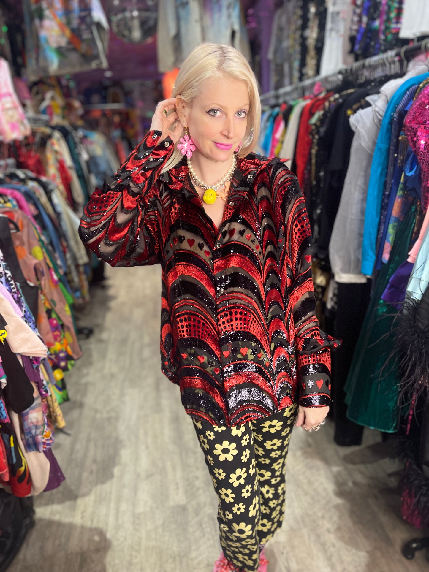 Vintage 90s Red and Black Burnout Hearts Shirt - Spark Pretty