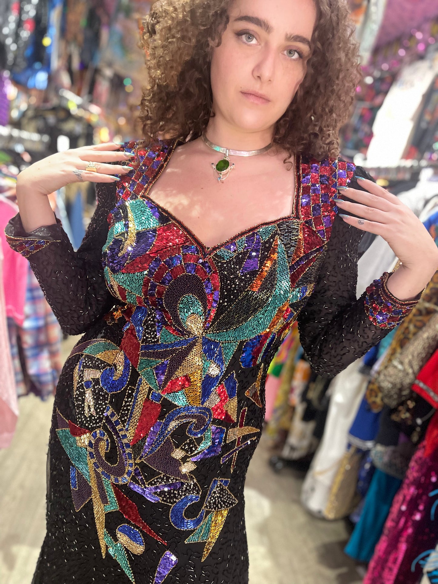 Vintage 80s Sequin Geometric Gown - Spark Pretty