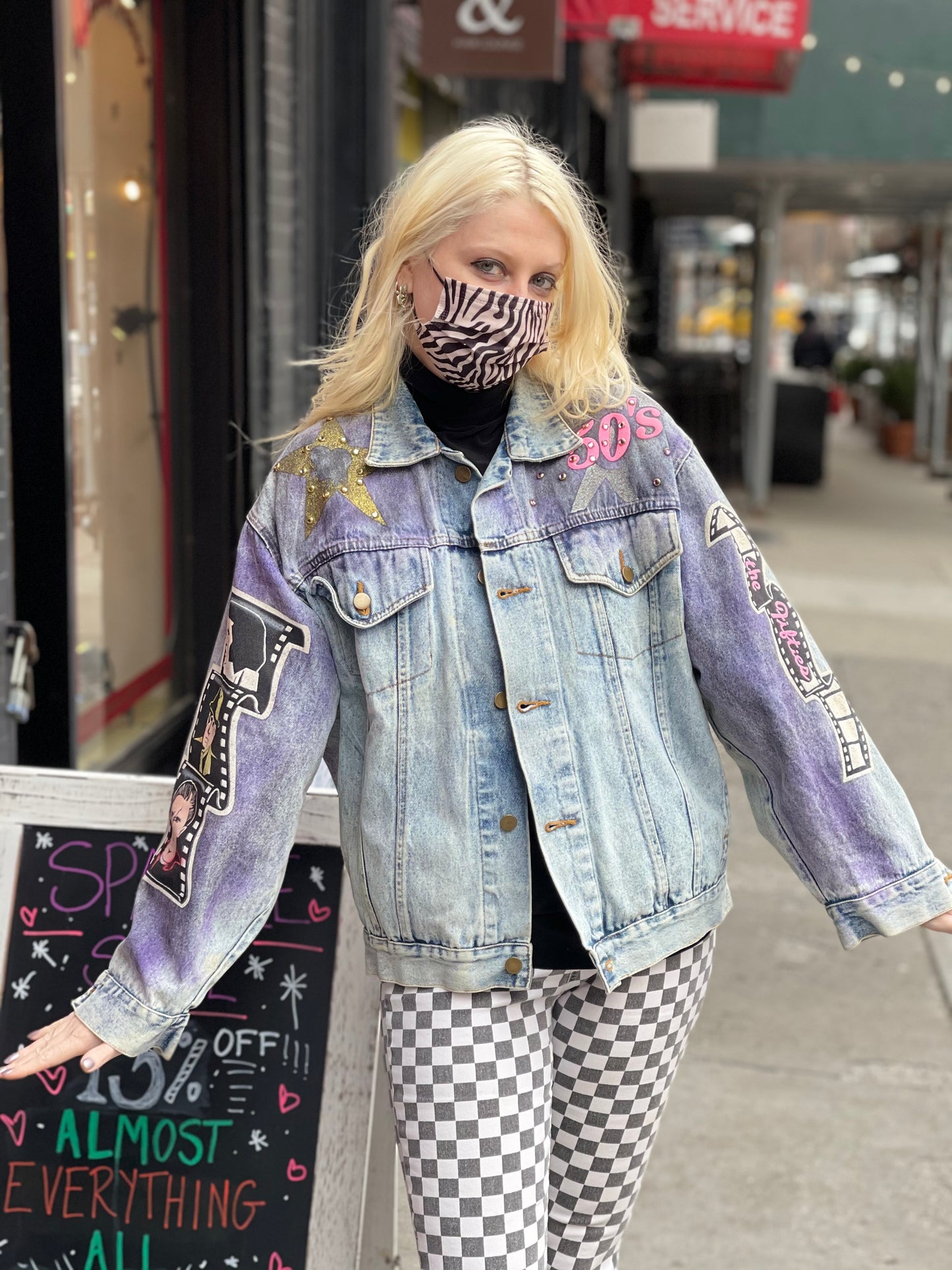 Vintage 80s Hand Painted and Bedazzled Fifties themed Jean Jacket - Spark Pretty