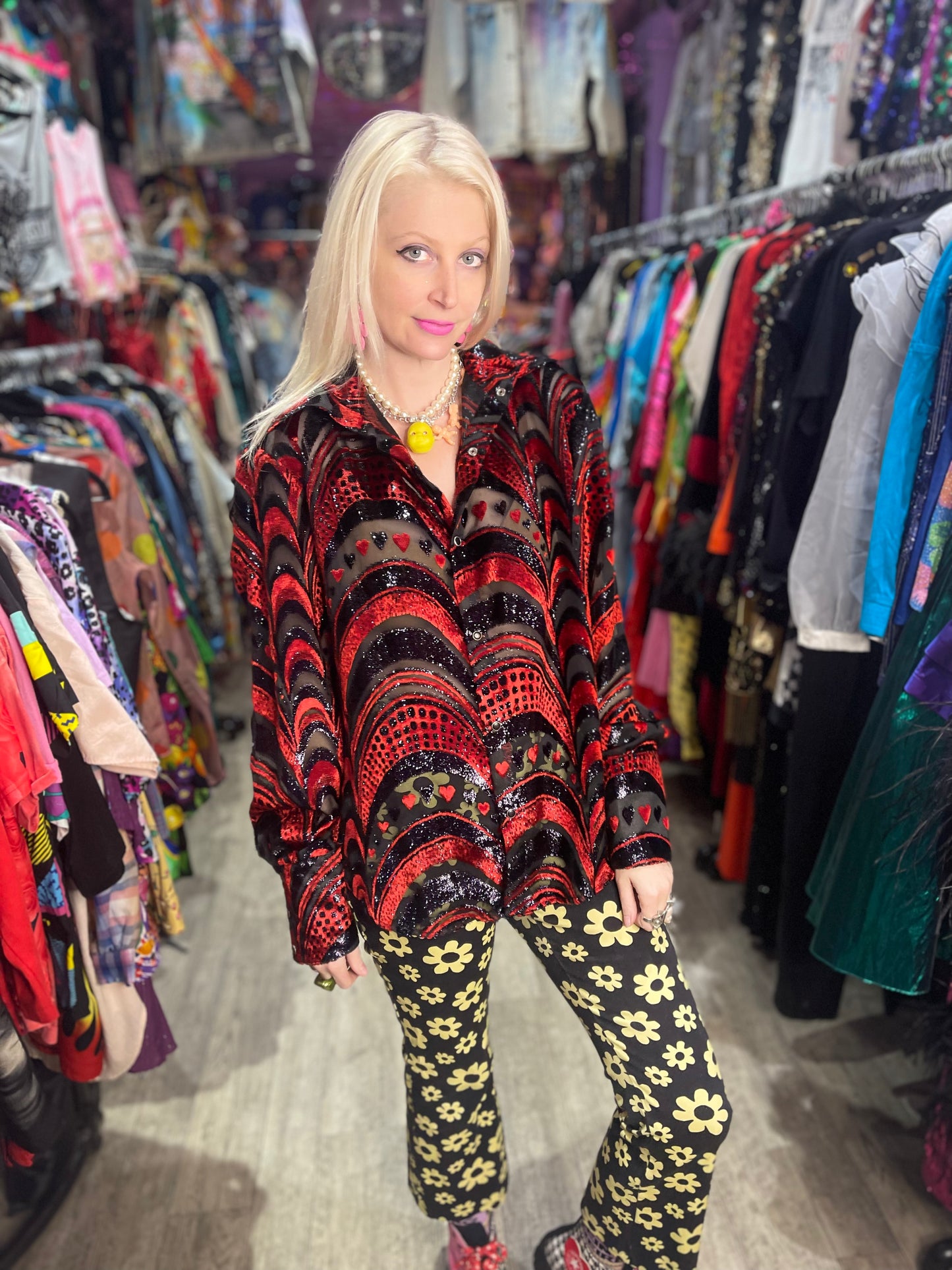 Vintage 90s Red and Black Burnout Hearts Shirt - Spark Pretty