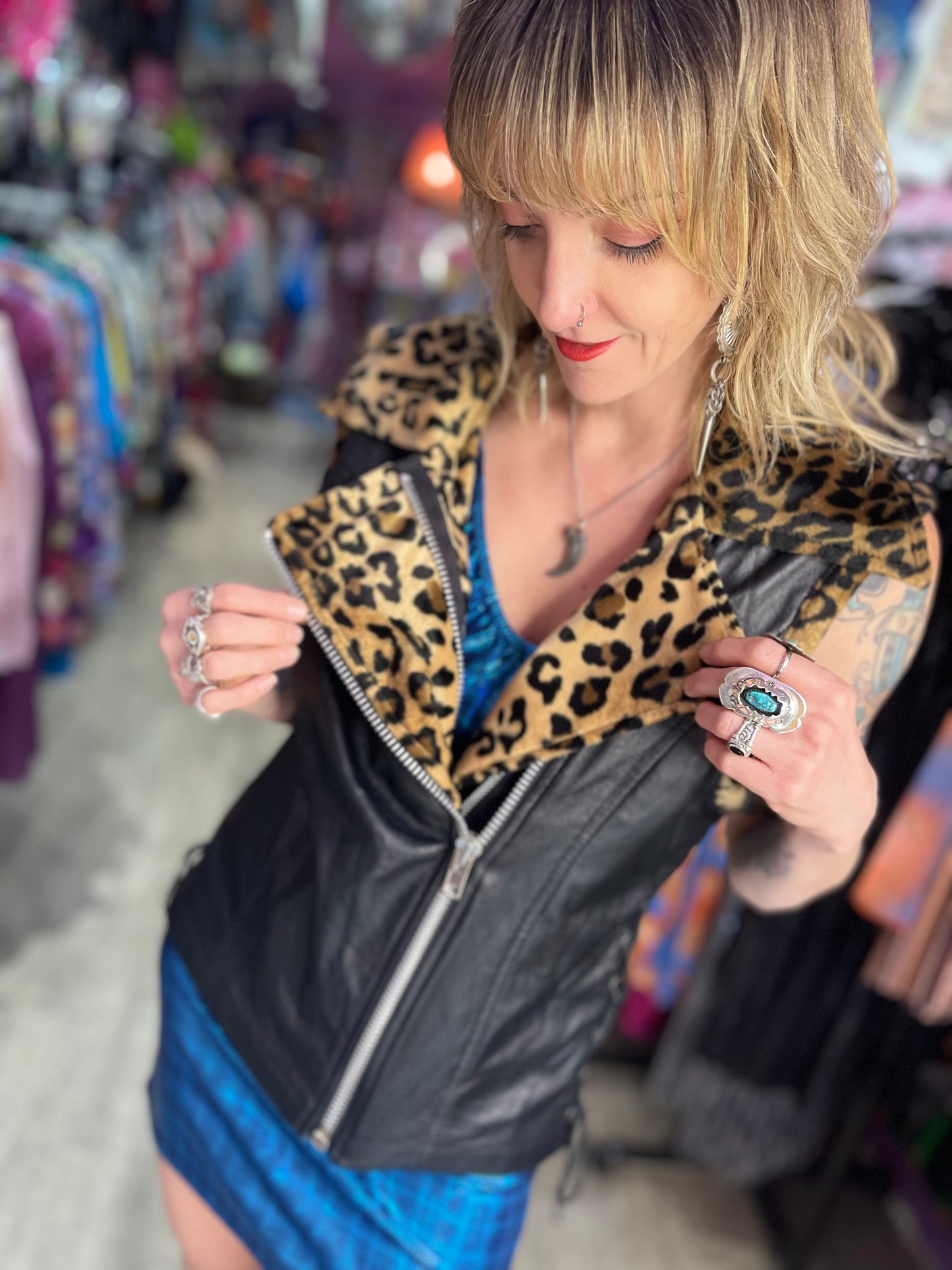 Vintage 90s Lip Service Faux Leather And Leopard Print Moto Vest - Spark Pretty